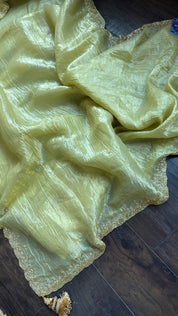 Designer Crushed Tissue Silk - Light Pista Embroidered