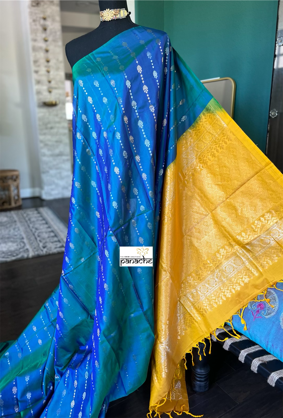 Pure Silk Kanjivaram - Peacock Blue Yellow