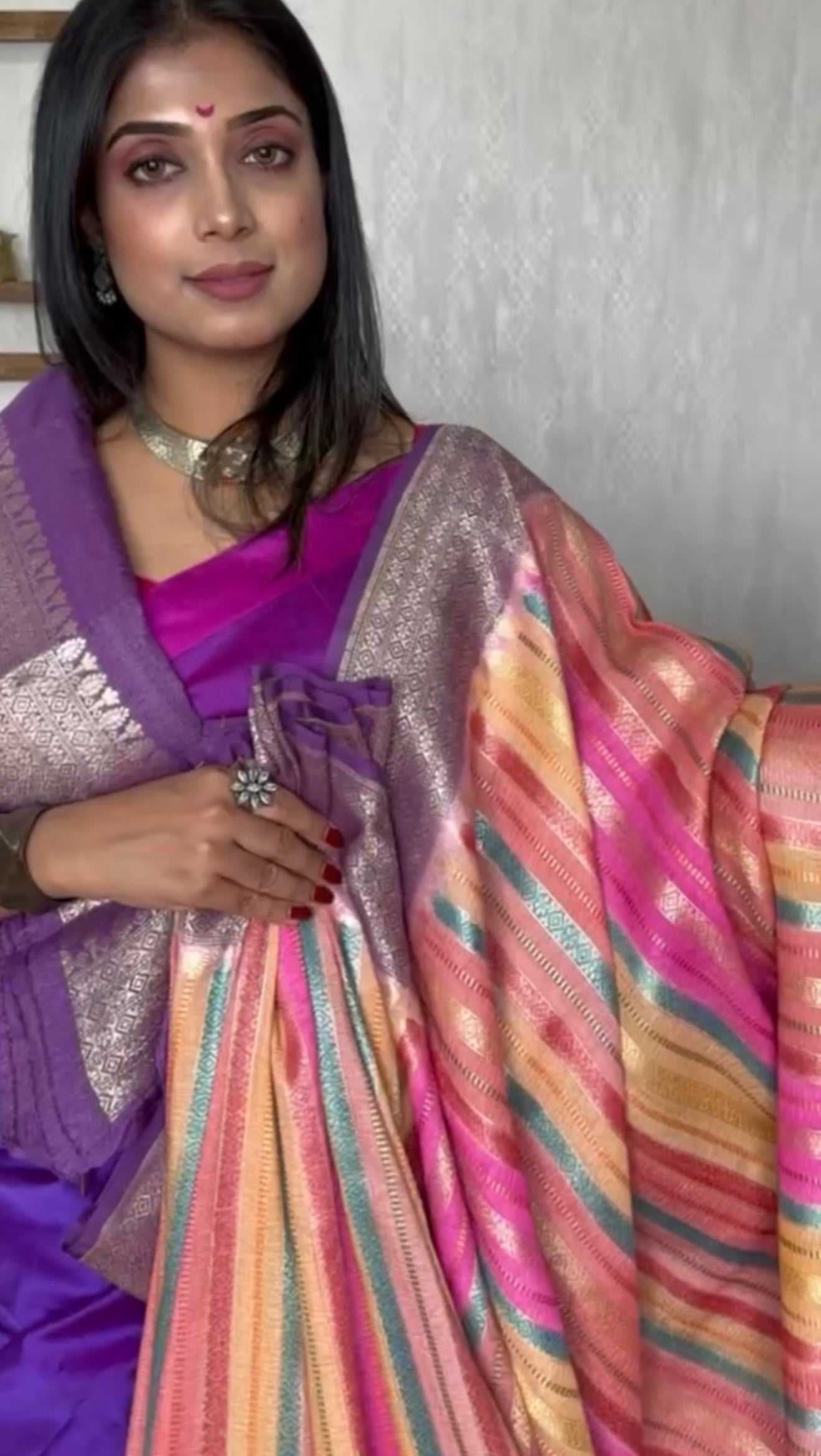 Khaddi Tussar Banarasi -  Pink Multi color Purple