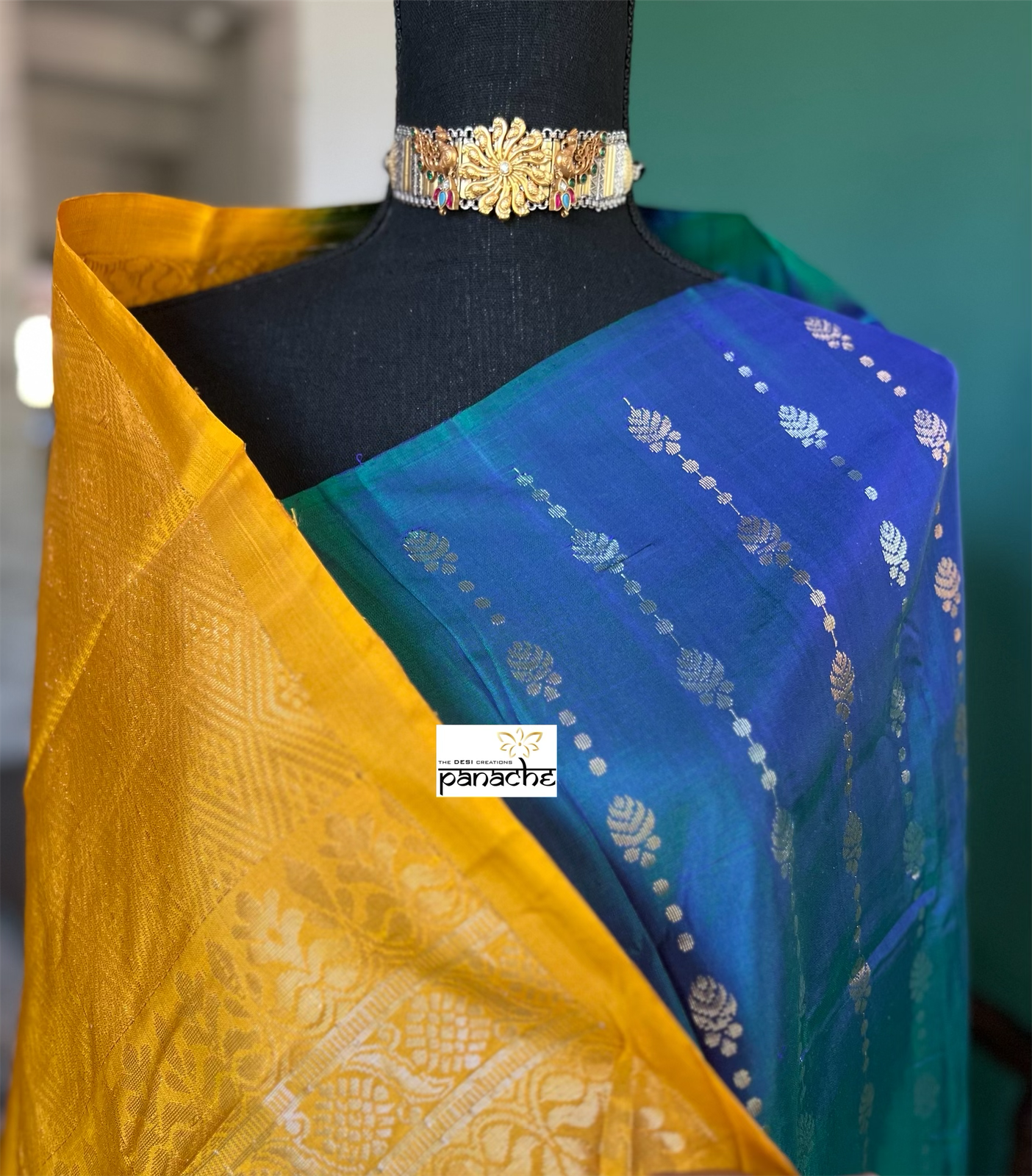 Pure Silk Kanjivaram - Peacock Blue Yellow