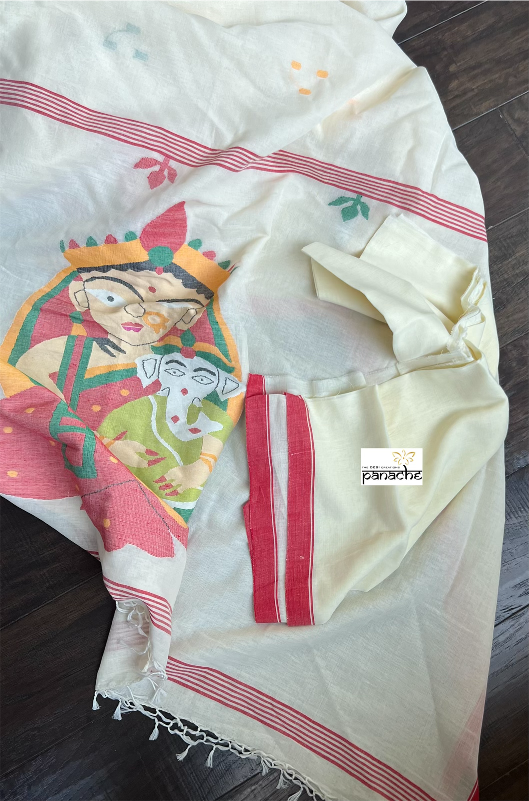 Pure Khadi Cotton - Light Butter Cream Durga Ganesha