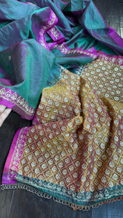 Hand Zardozi Pure Chanderi Pattu Silk - Green Pink Dual Shaded Pink