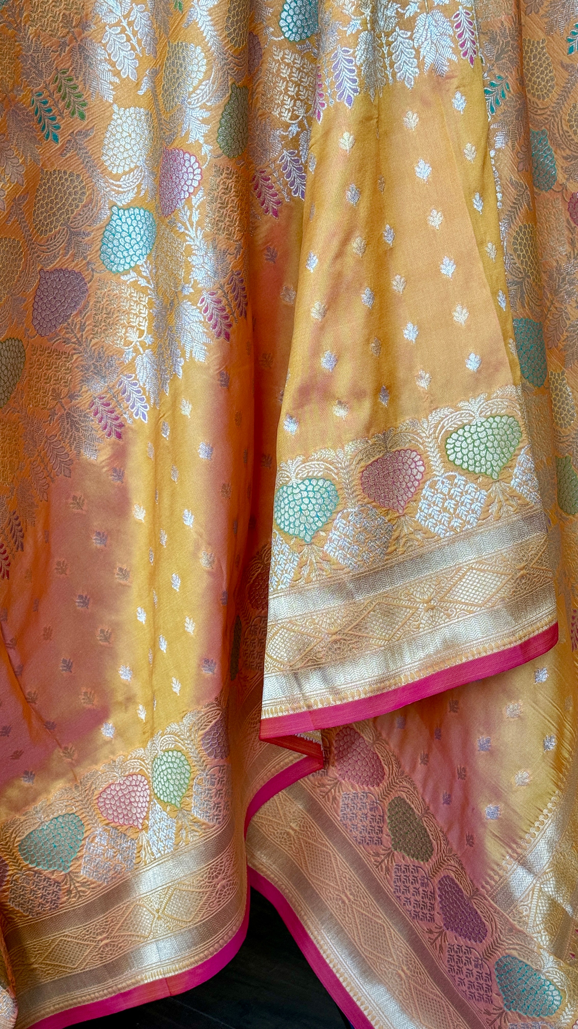 Soft Silk Banaras Brocade Saree - Orange Peach Dual Tone