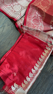 Tussar Silk Banarasi - Tan Beige Red