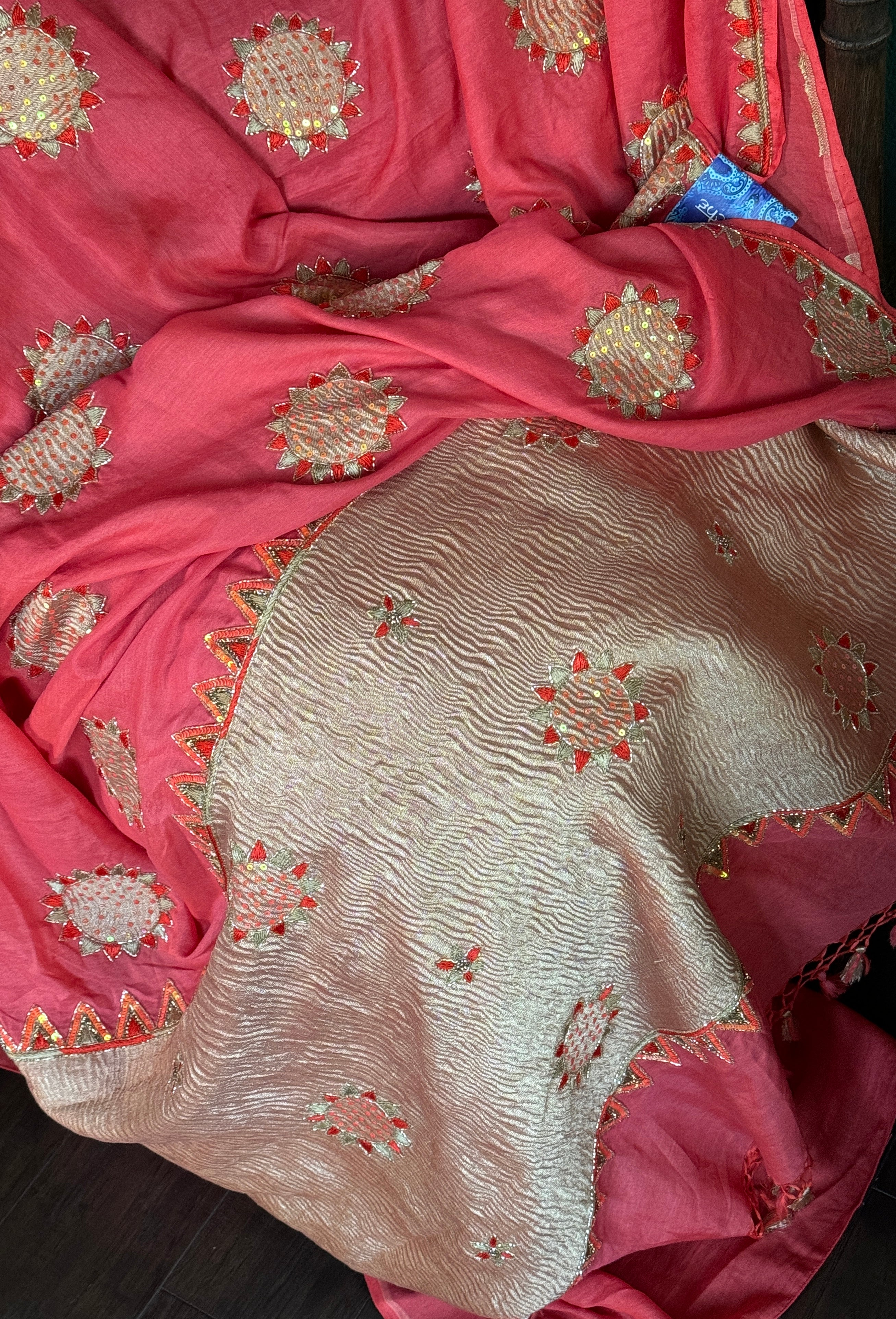 Designer Muga Chiffon Banarasi - Orange Hand Zardozi Embroiderd