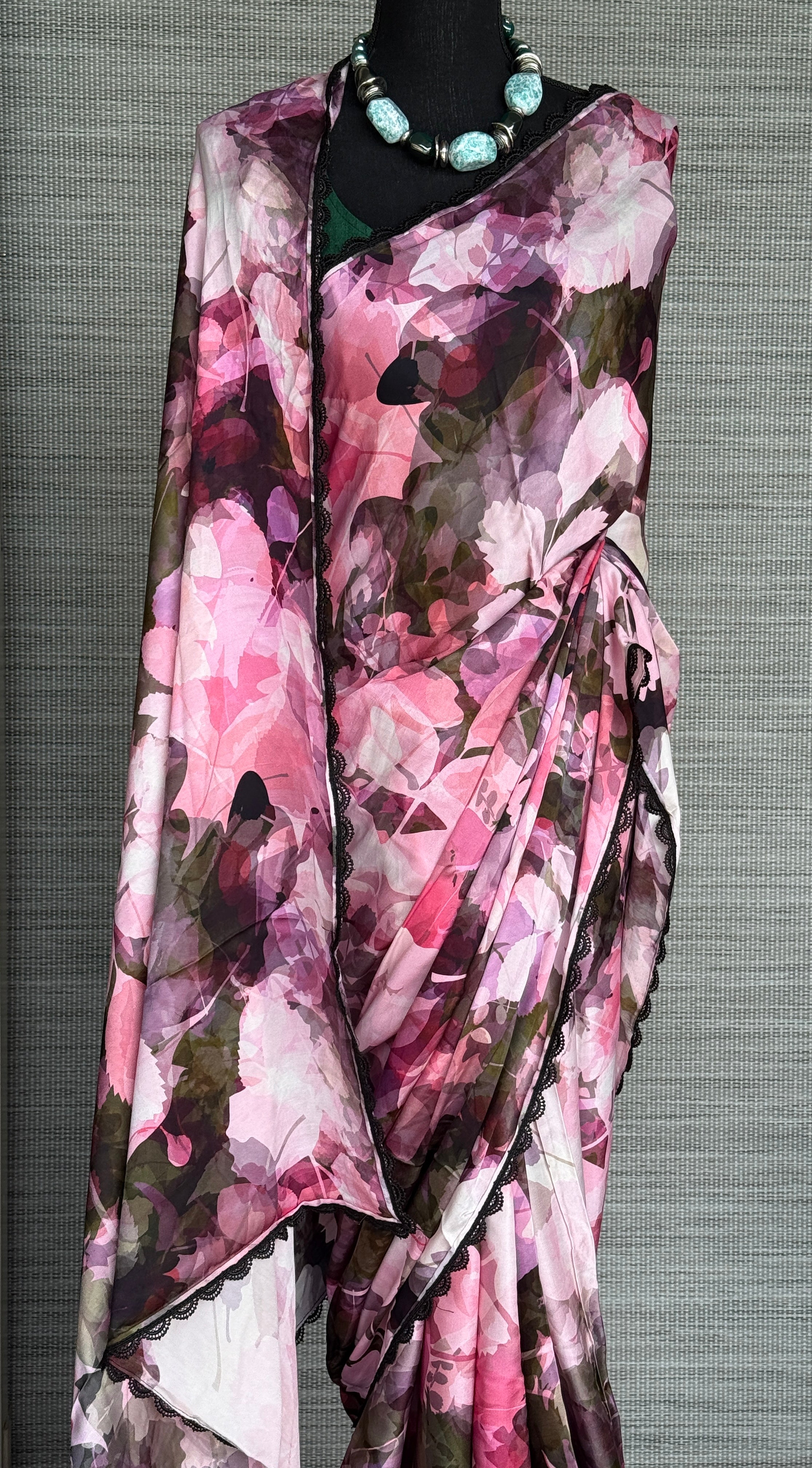 Designer Satin Maslin Silk - Green Pink Shaded Flower