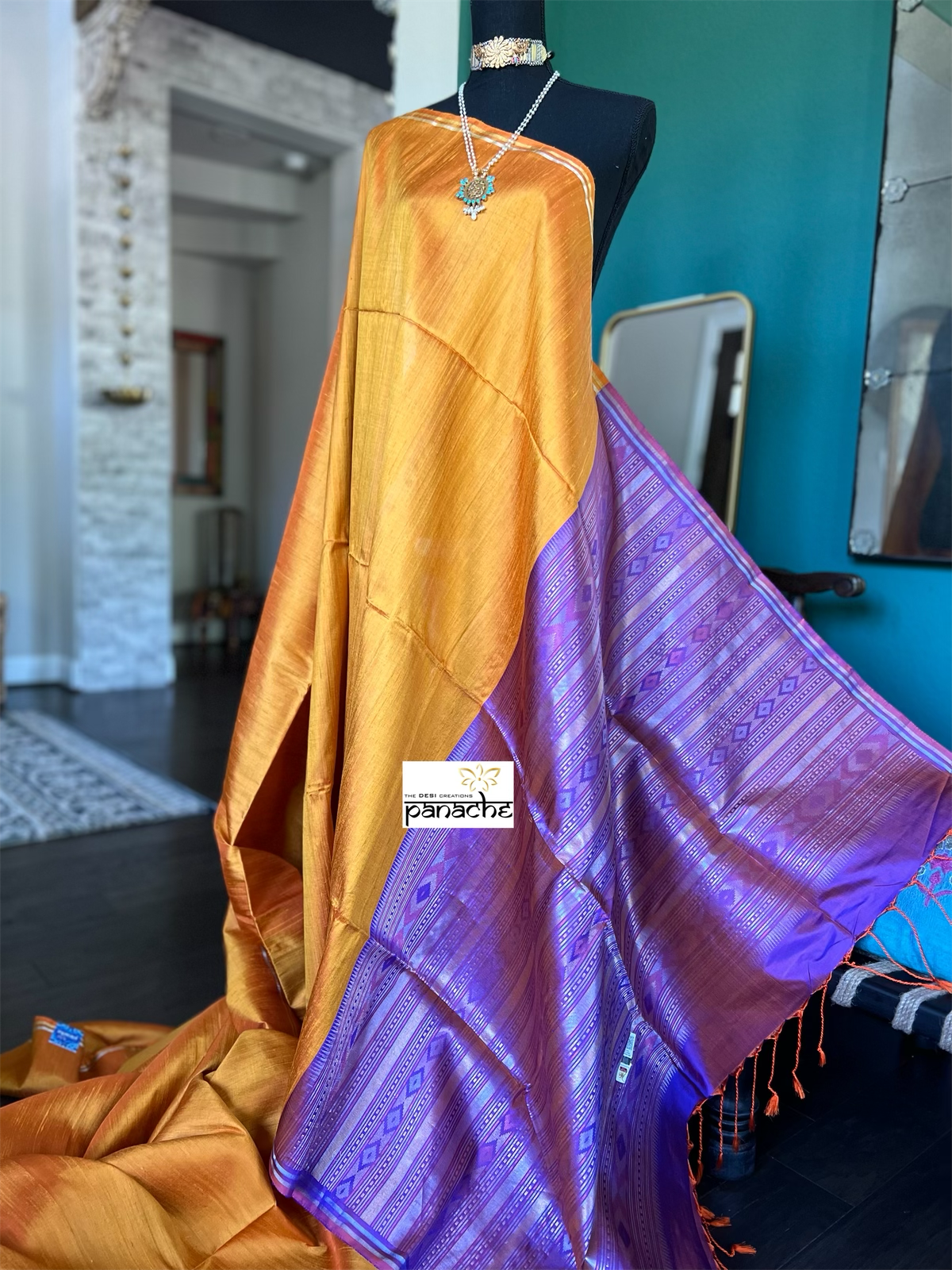 Pure Raw Silk Sambalpuri ikat - Yellow Purple
