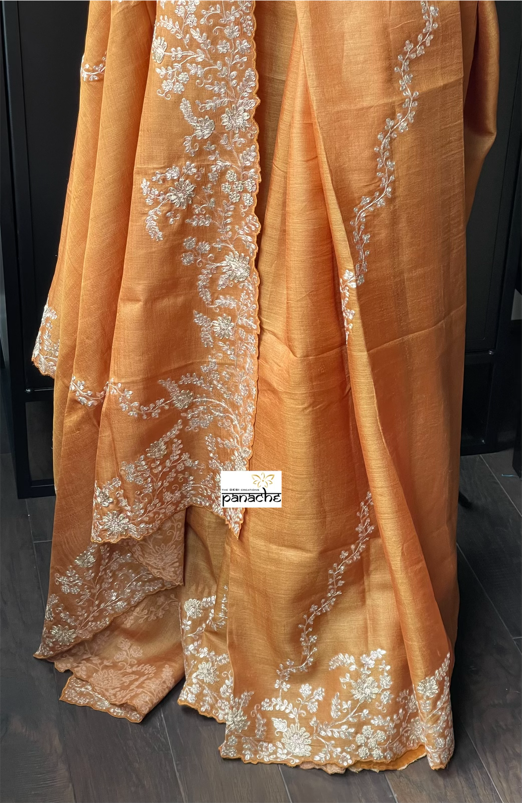 Designer Tussar Silk - Sunrise Orange Green Leheriya Hand Embroidered