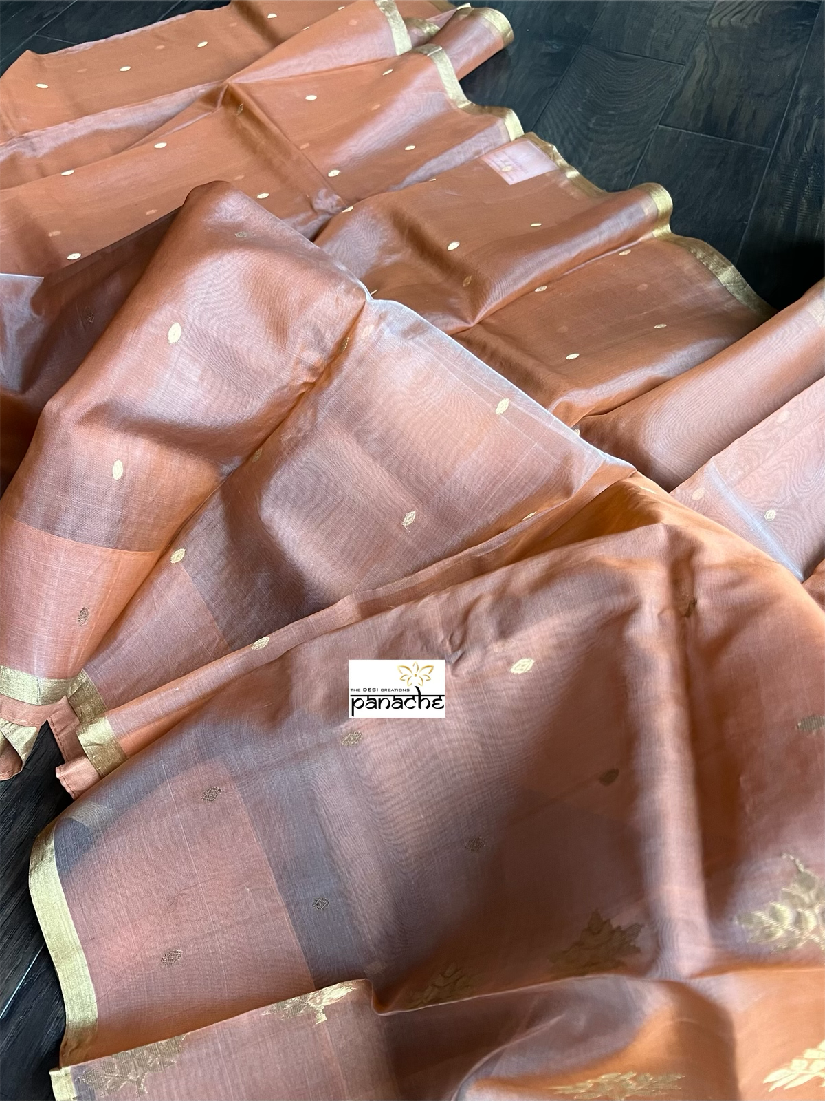 Chanderi Organza Silk - Peach Orangw Zari Woven