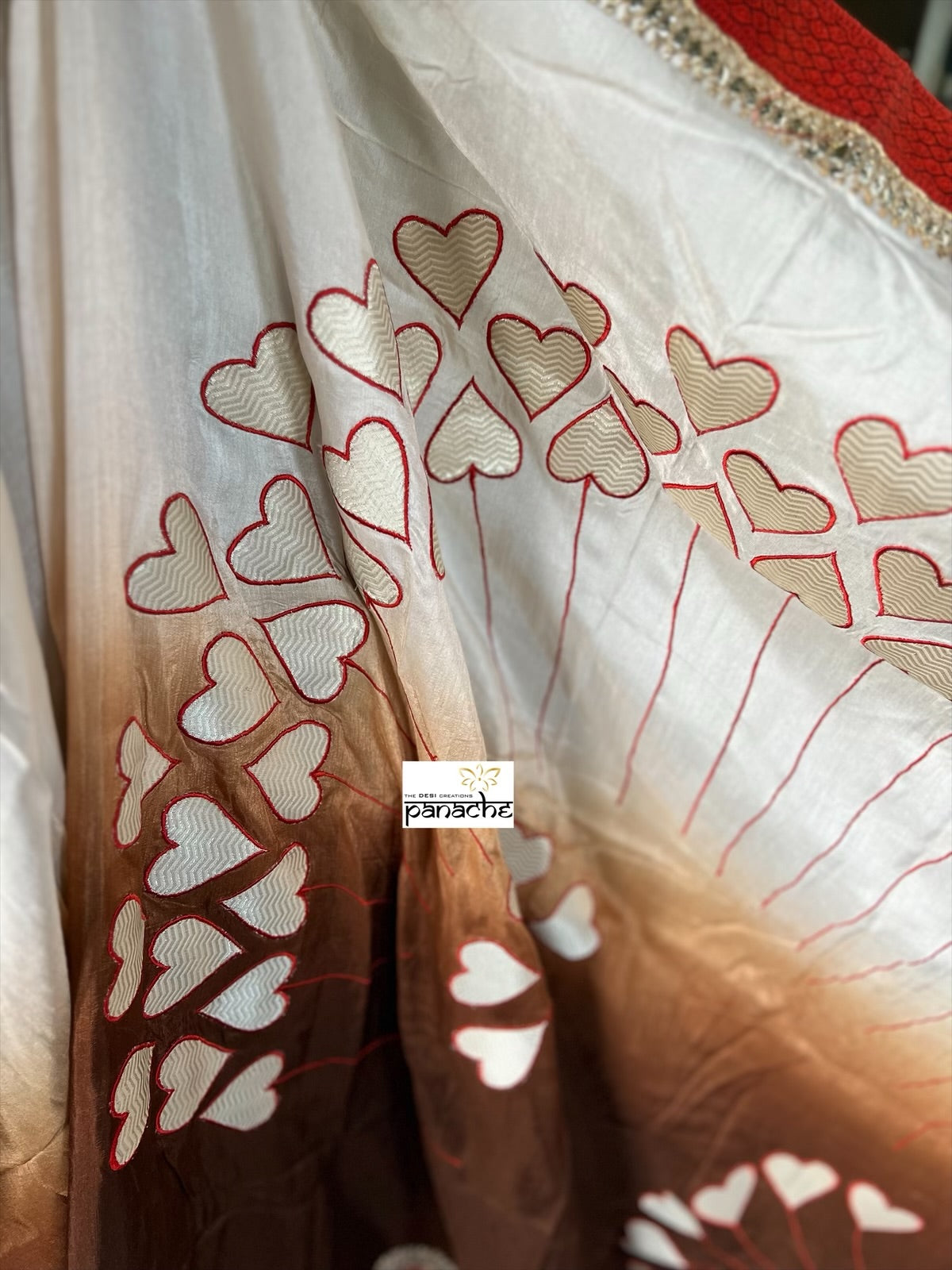 Designer Soft Silk Appliquéd Embroidered - Offwhite Brown Masaba Inspired