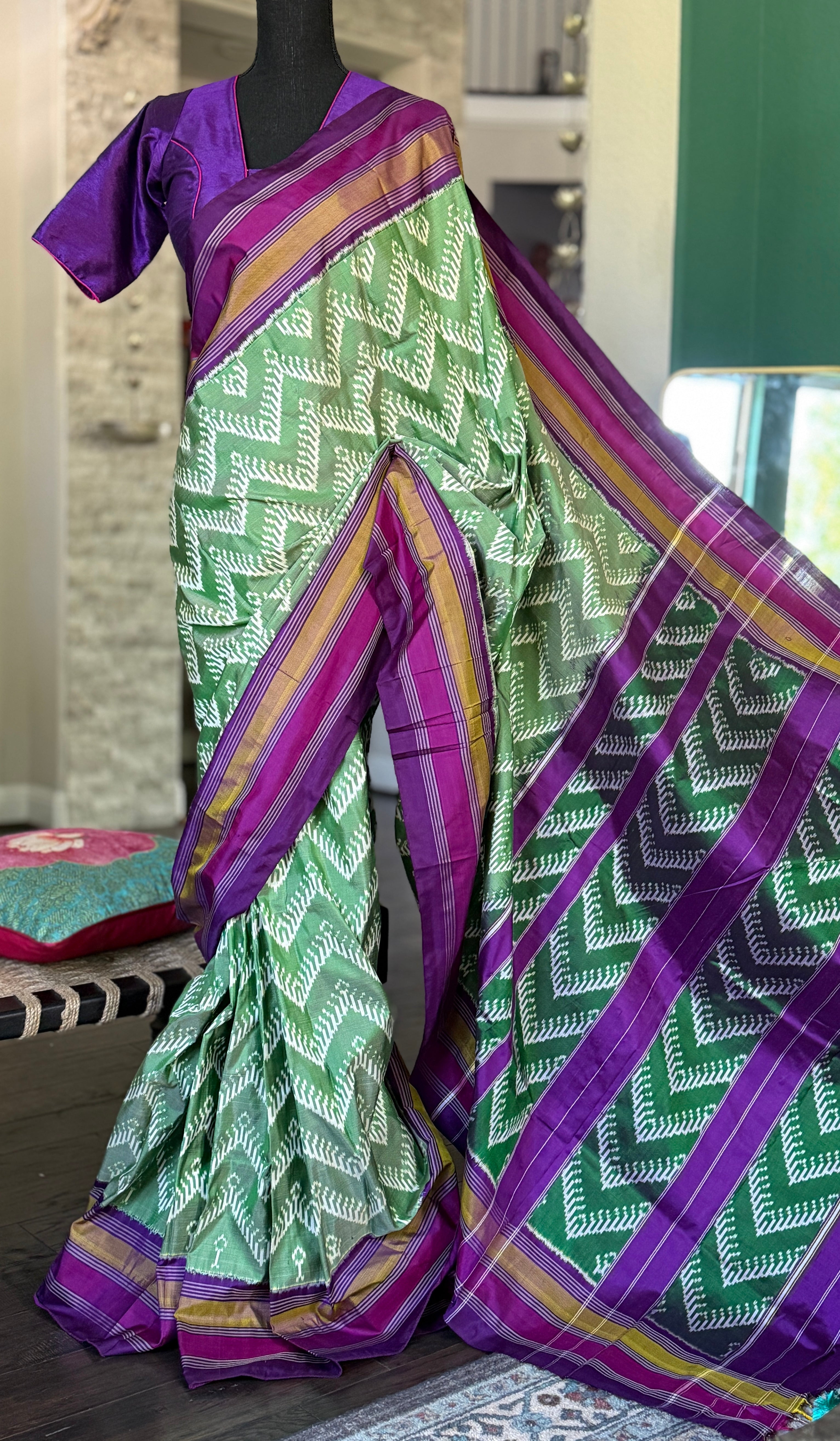 Pure Silk Ikat -  Green Purple Pochampally