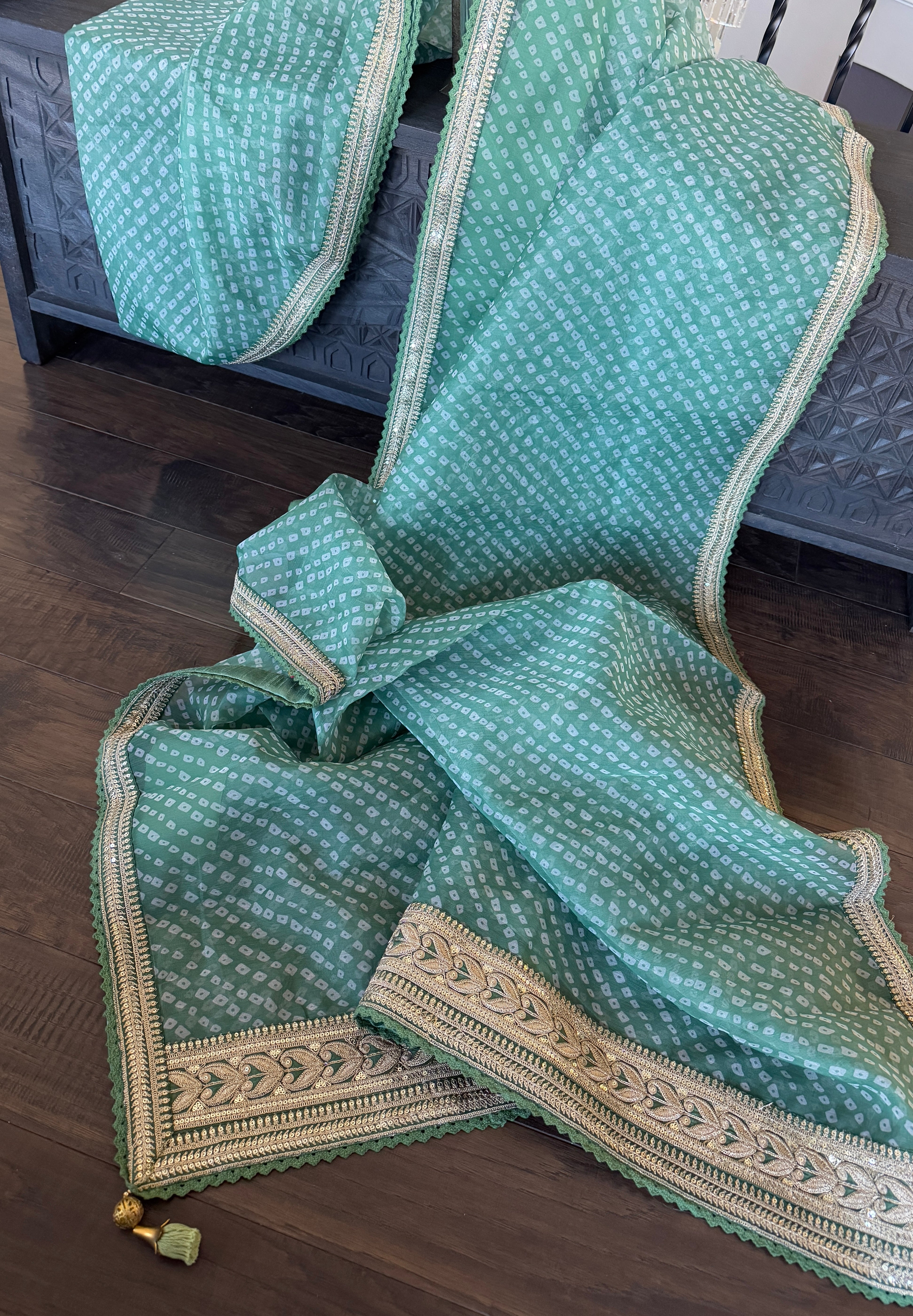 Designer Organza Bandhej - Sage Green Gota Patti