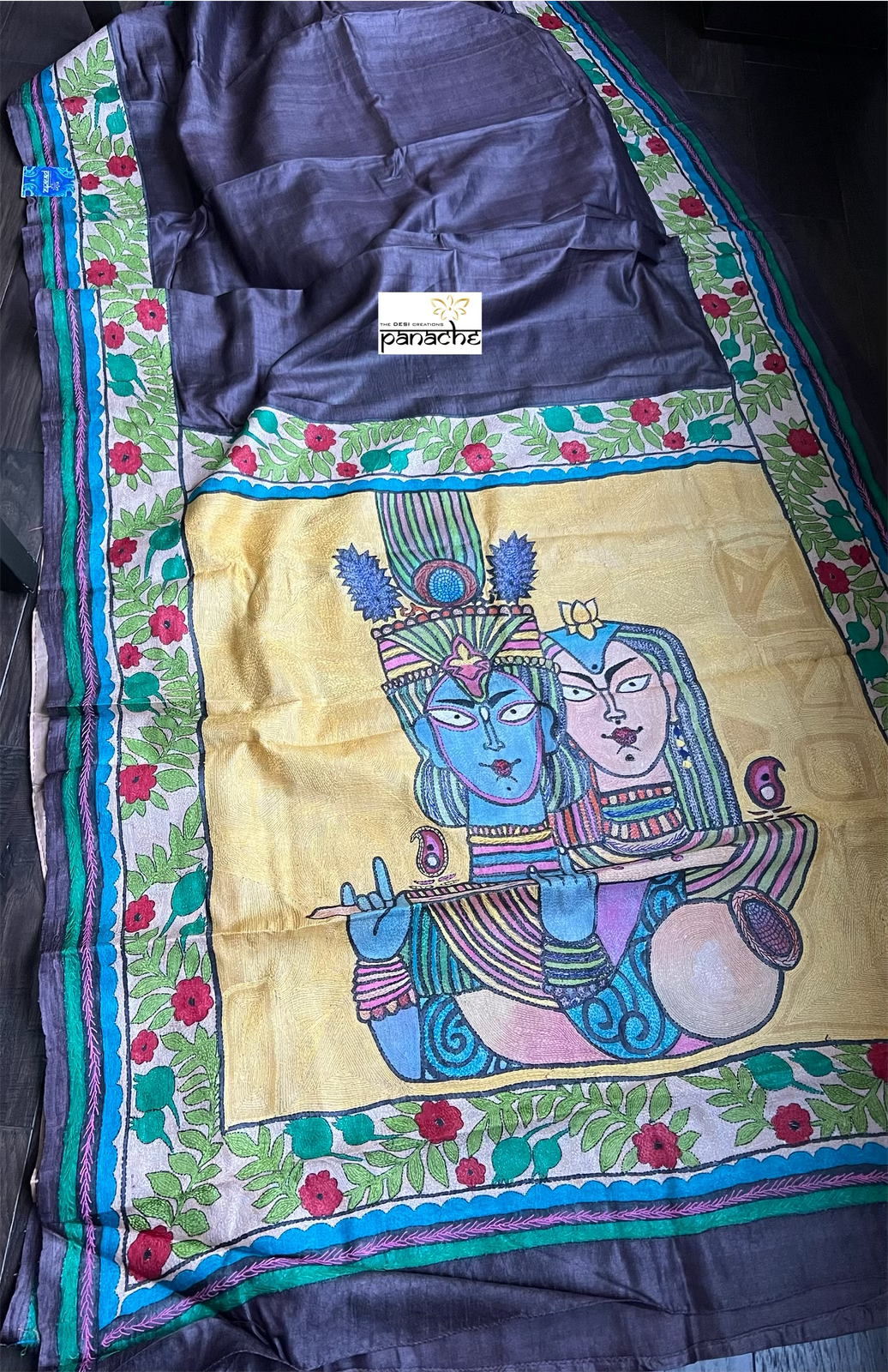 Pure Tussar Silk Sujni Kantha Stitch - Eggplant color Radha-Krishna