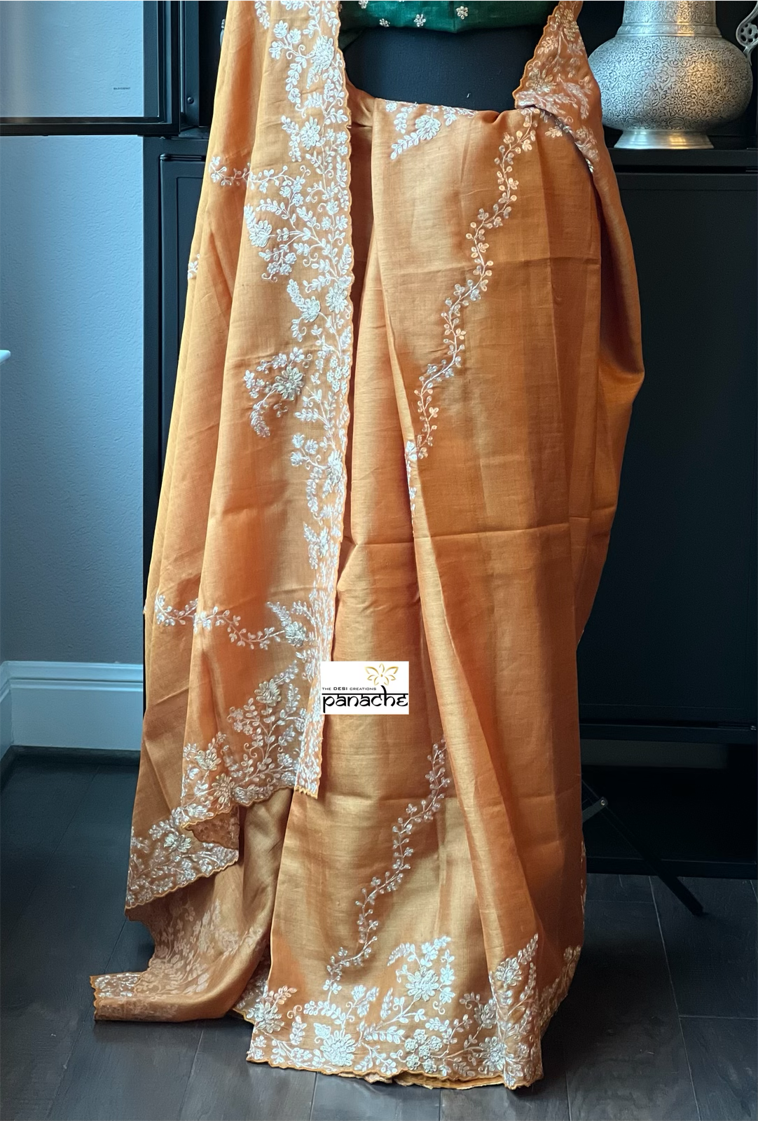 Designer Tussar Silk - Sunrise Orange Green Leheriya Hand Embroidered