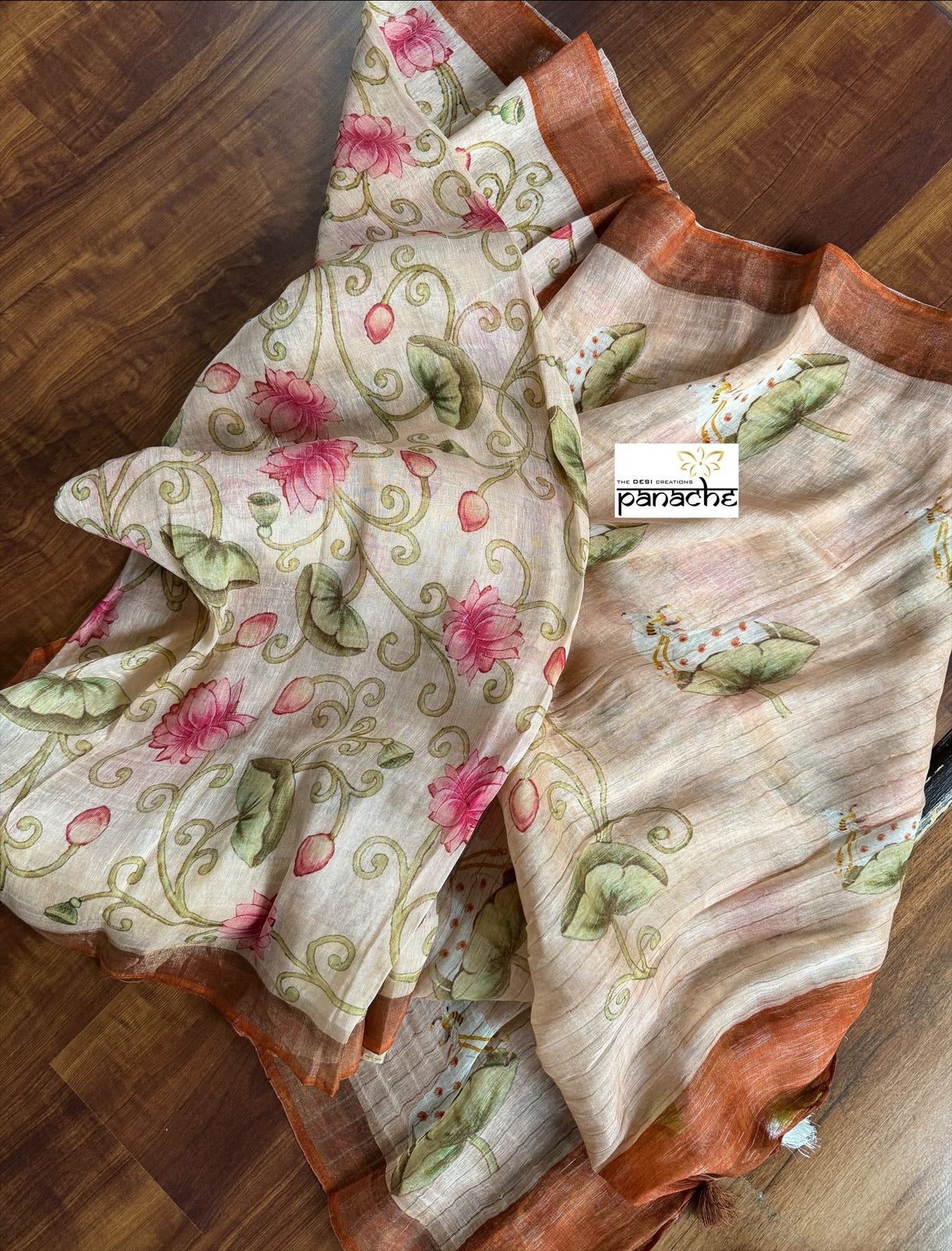 Linen Digital Print - Light Peach Green Pichwai