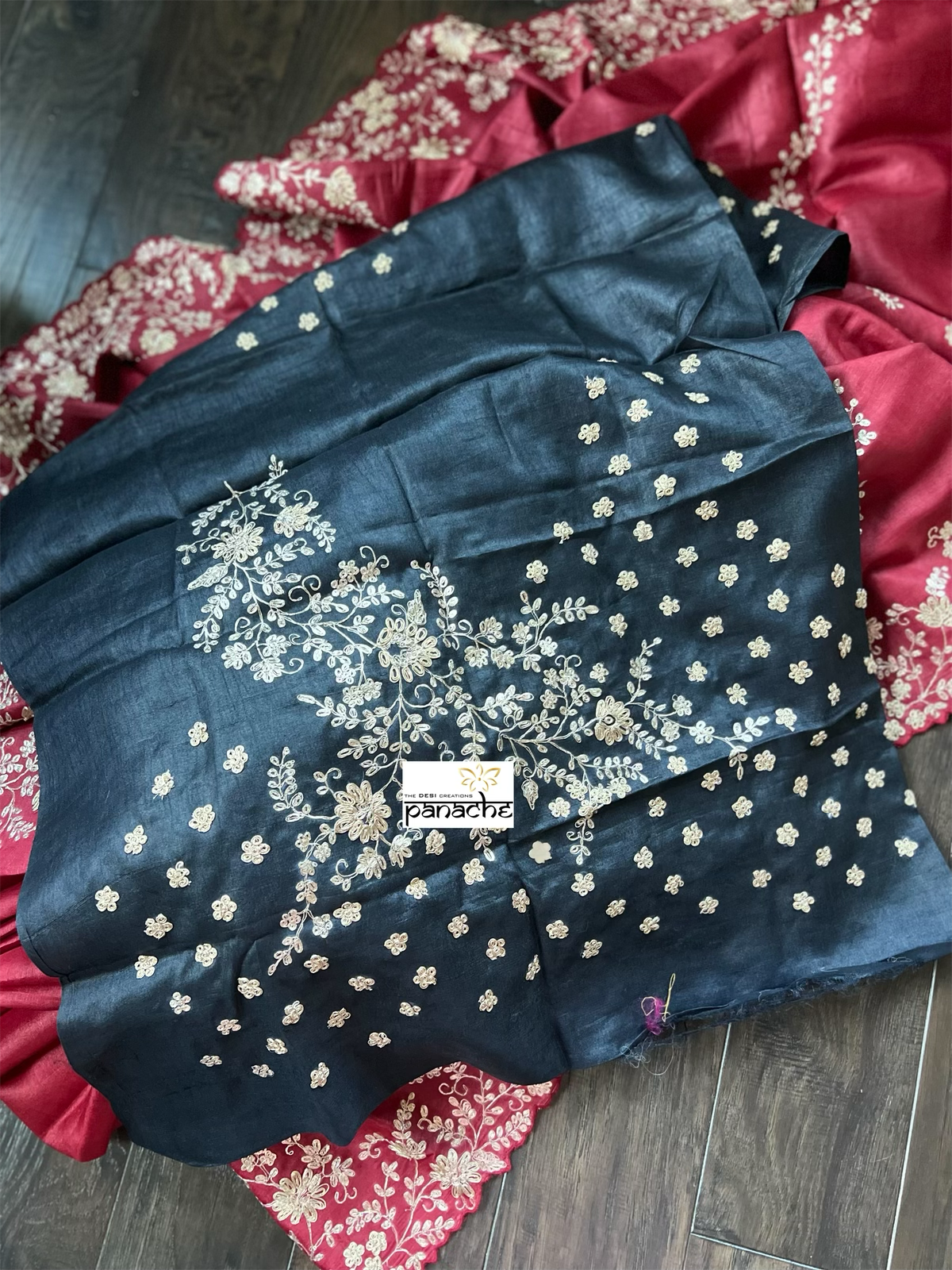Designer Tussar Silk - Red Black Leheriya Hand Embroidered
