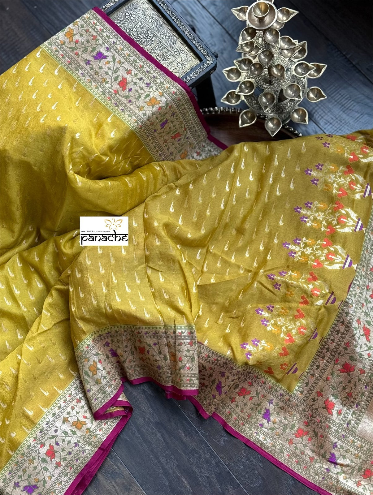 Khaddi Georgette Banarasi - Ochre Yellow Mahendi Paithani