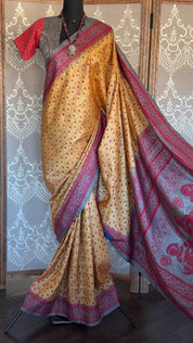 Pure Tussar Silk Kantha Stitch -  Yellow Red Grey