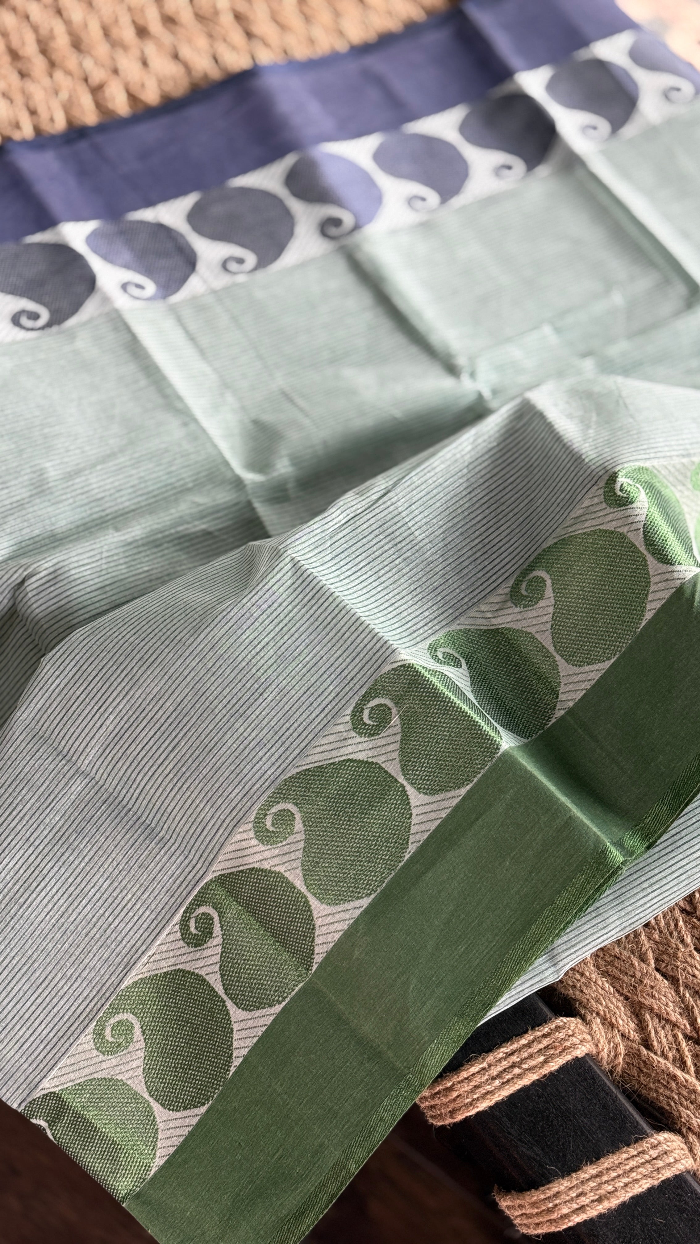 Pure Cotton Taant Hanwoven - Grey Striped Paisley