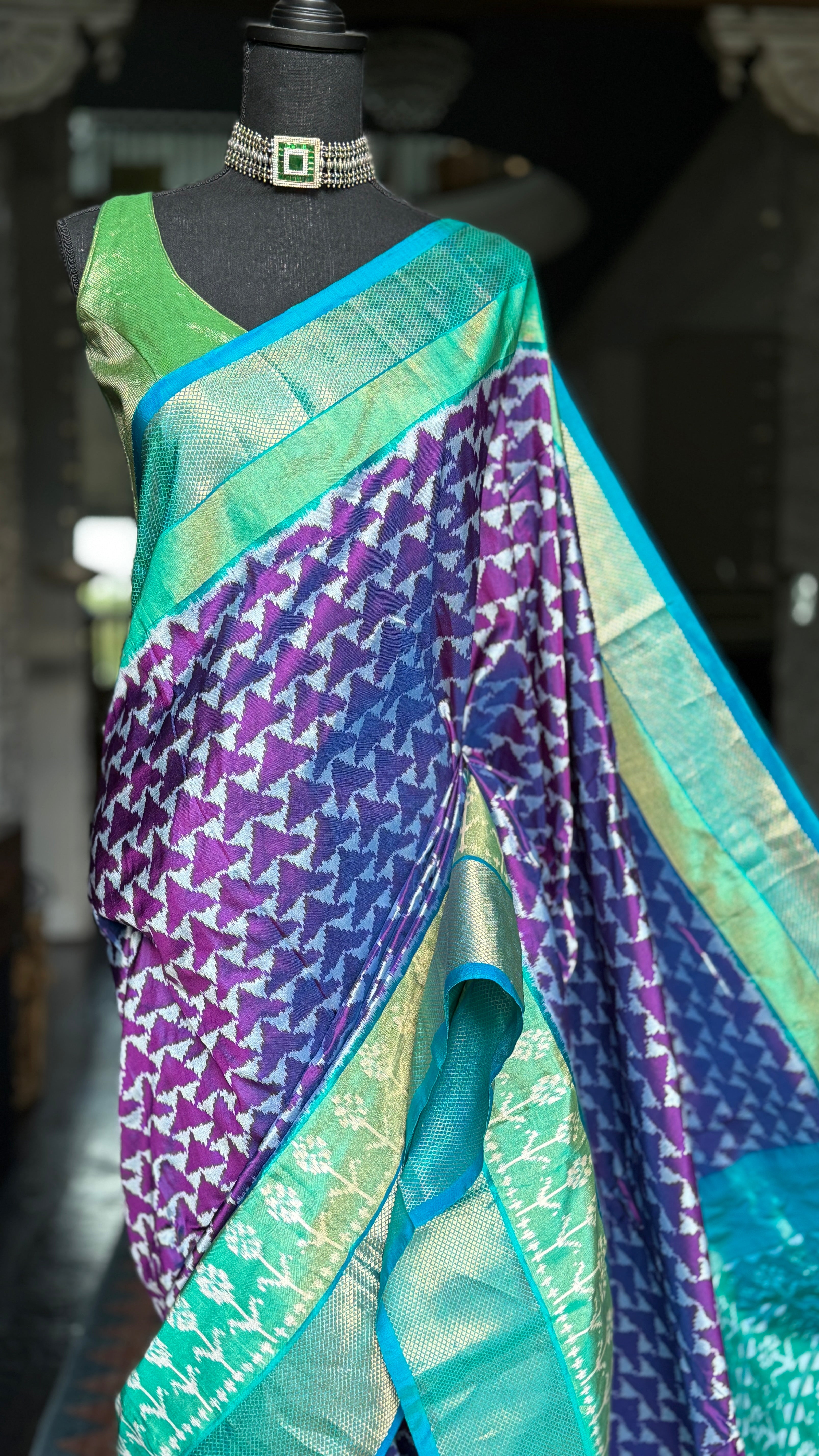 Pure Silk Ikat - Purple Sea Green Pochampally