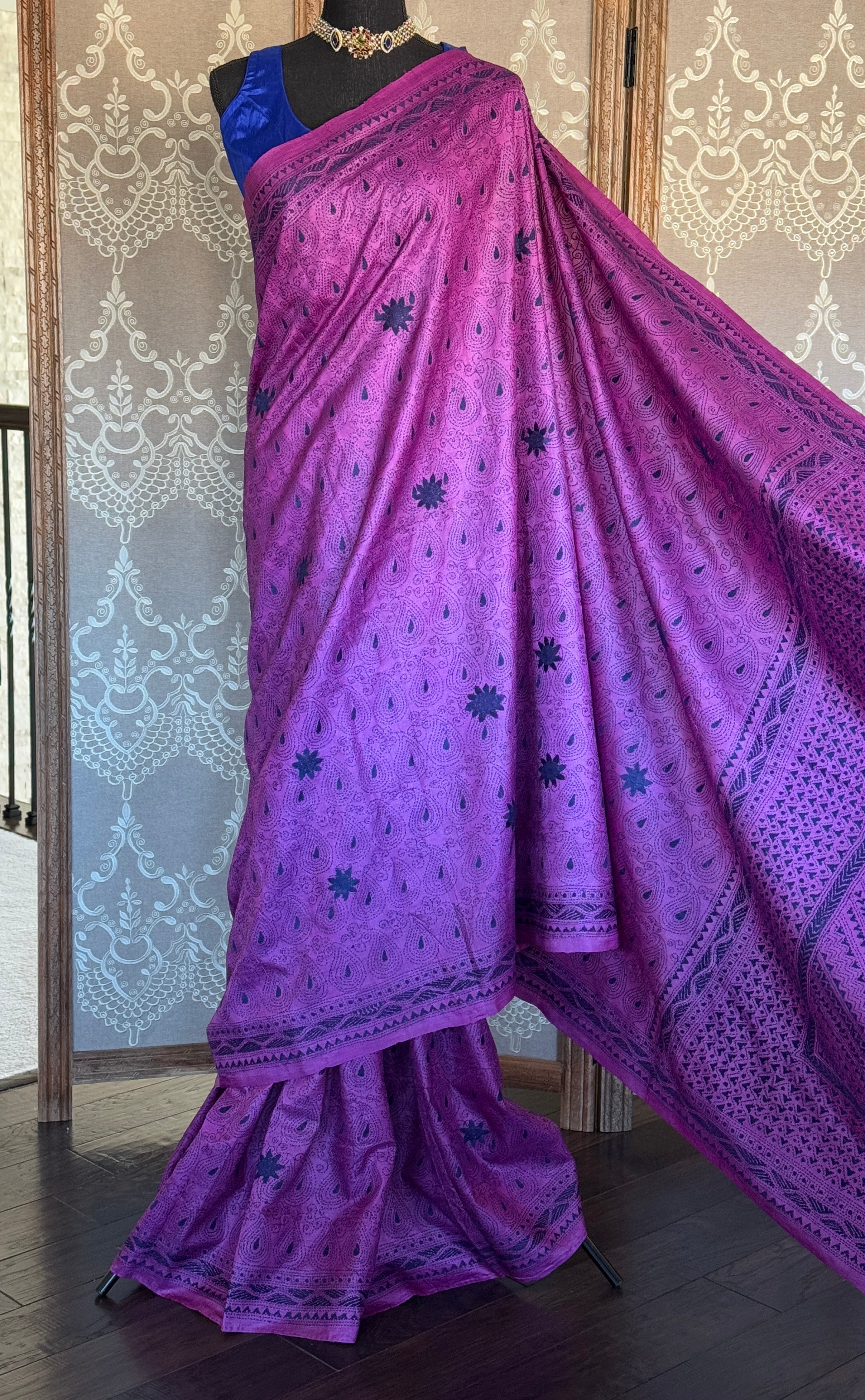 Pure Tussar Silk Kantha Stitch -  Magenta Purple Blue