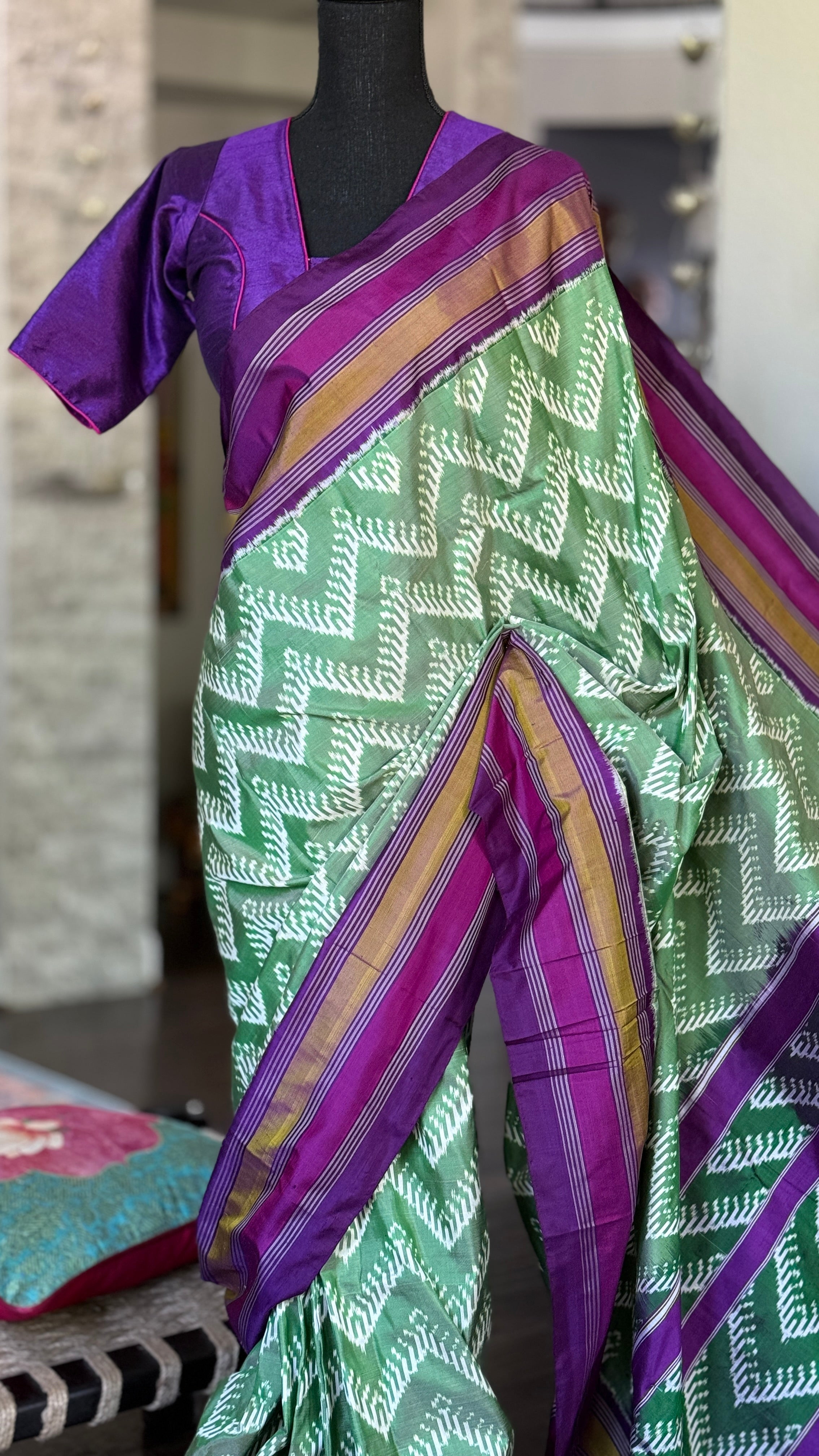 Pure Silk Ikat -  Green Purple Pochampally