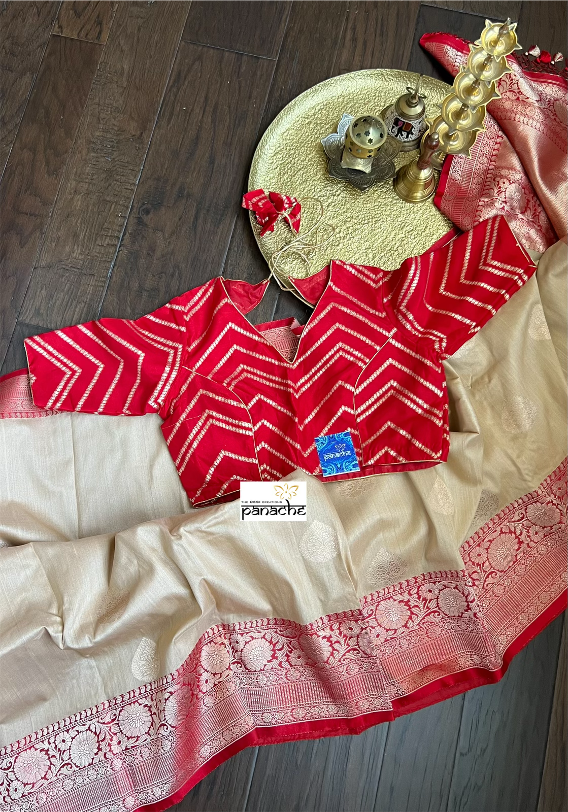 Tussar Silk Banarasi - Tan Beige Red
