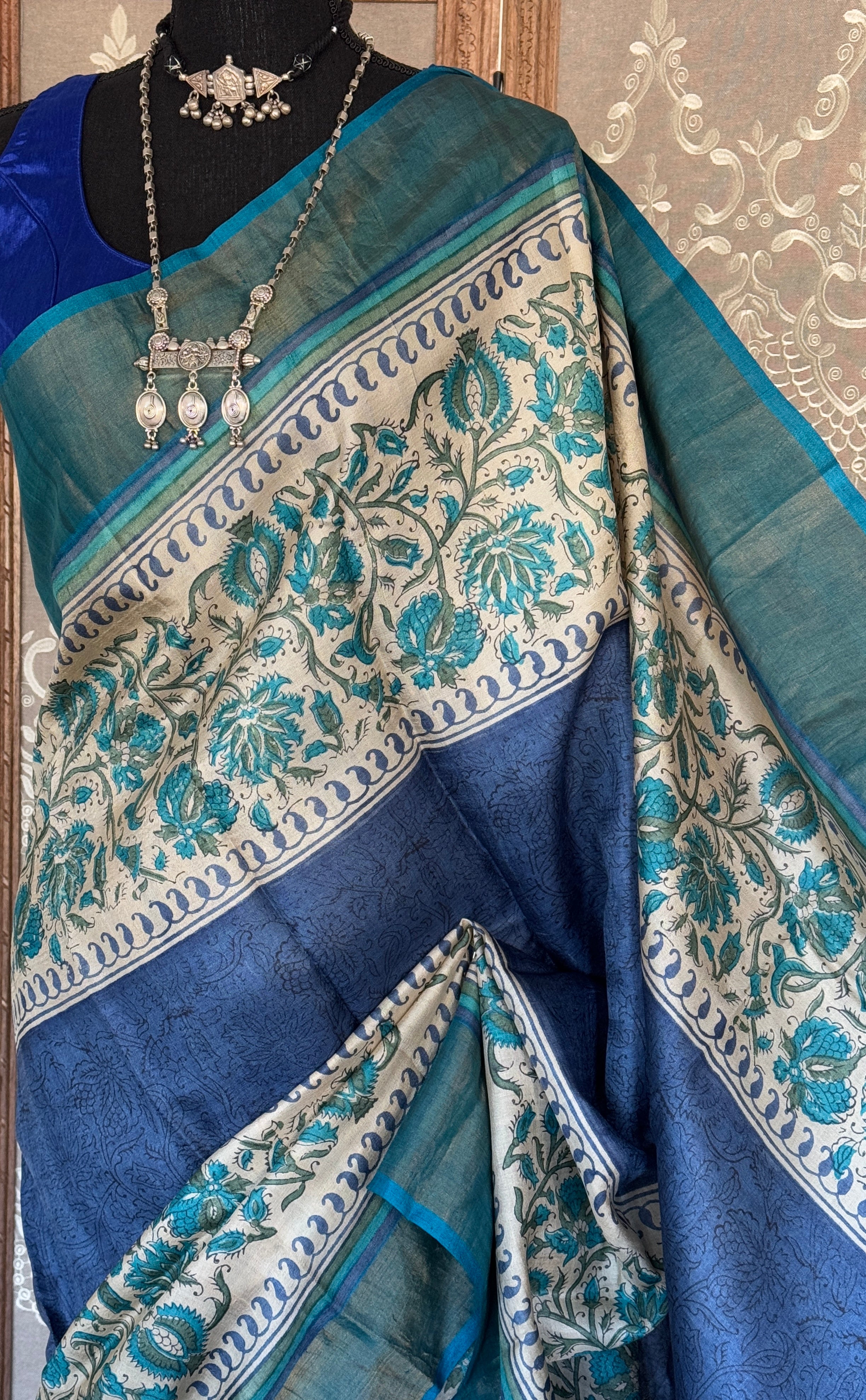 Pure Tussar Silk - Indigo Blue Hand Block Printed