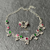 Silver 925 Necklace Earring Set - Pink Green Kundan Stone