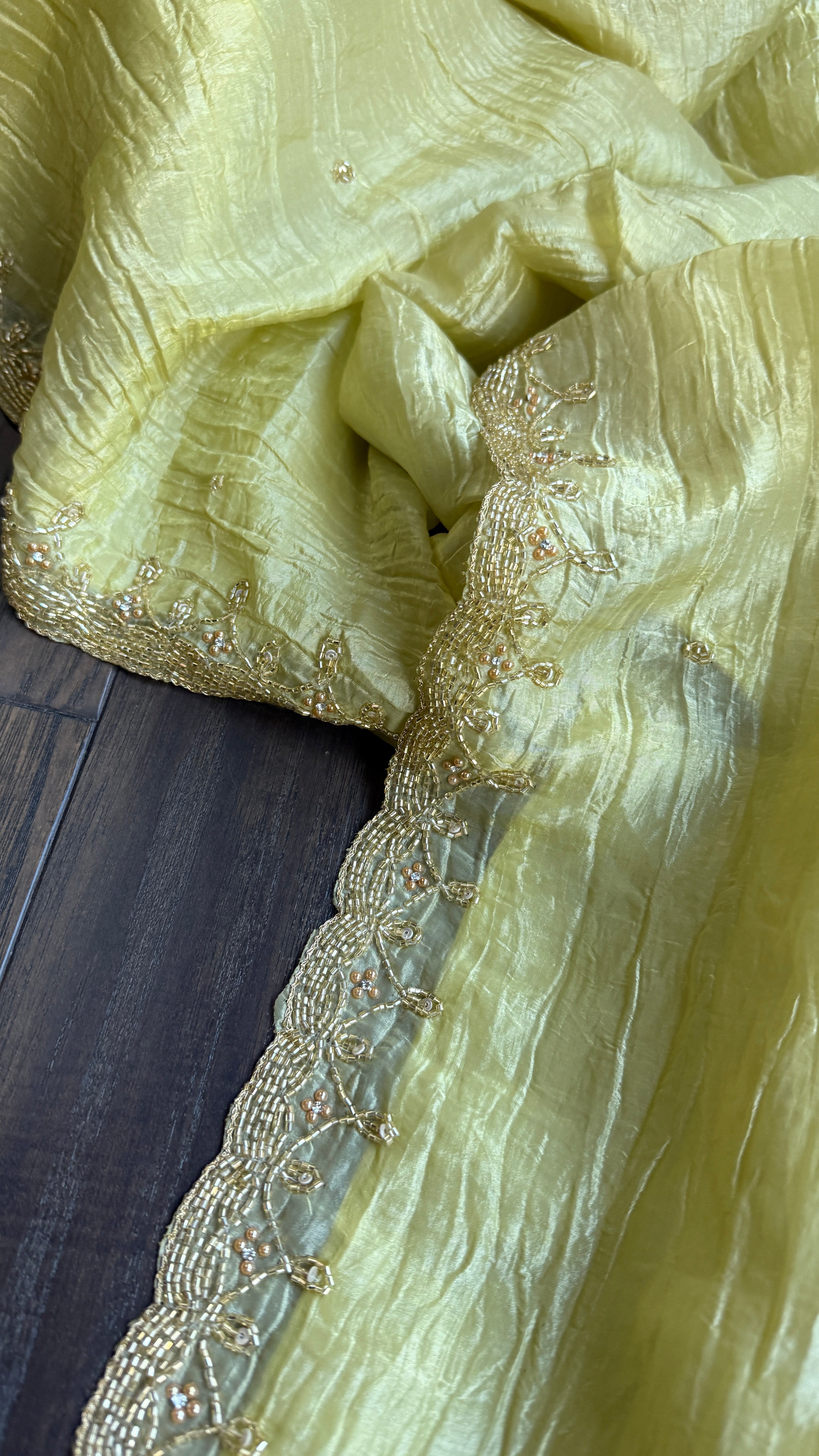 Designer Crushed Tissue Silk - Light Pista Embroidered