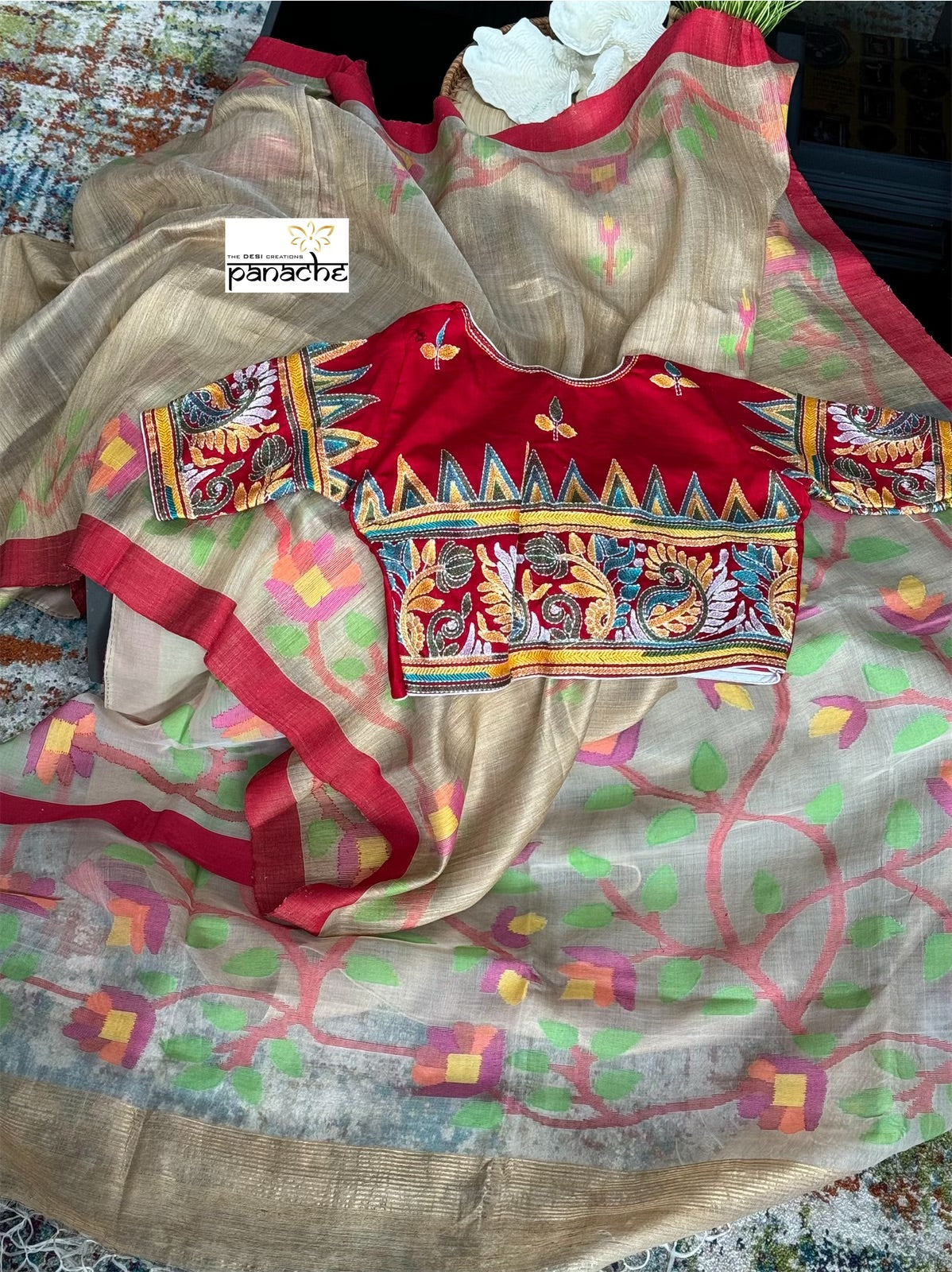 Designer Blouse - Red Kantha Stitch