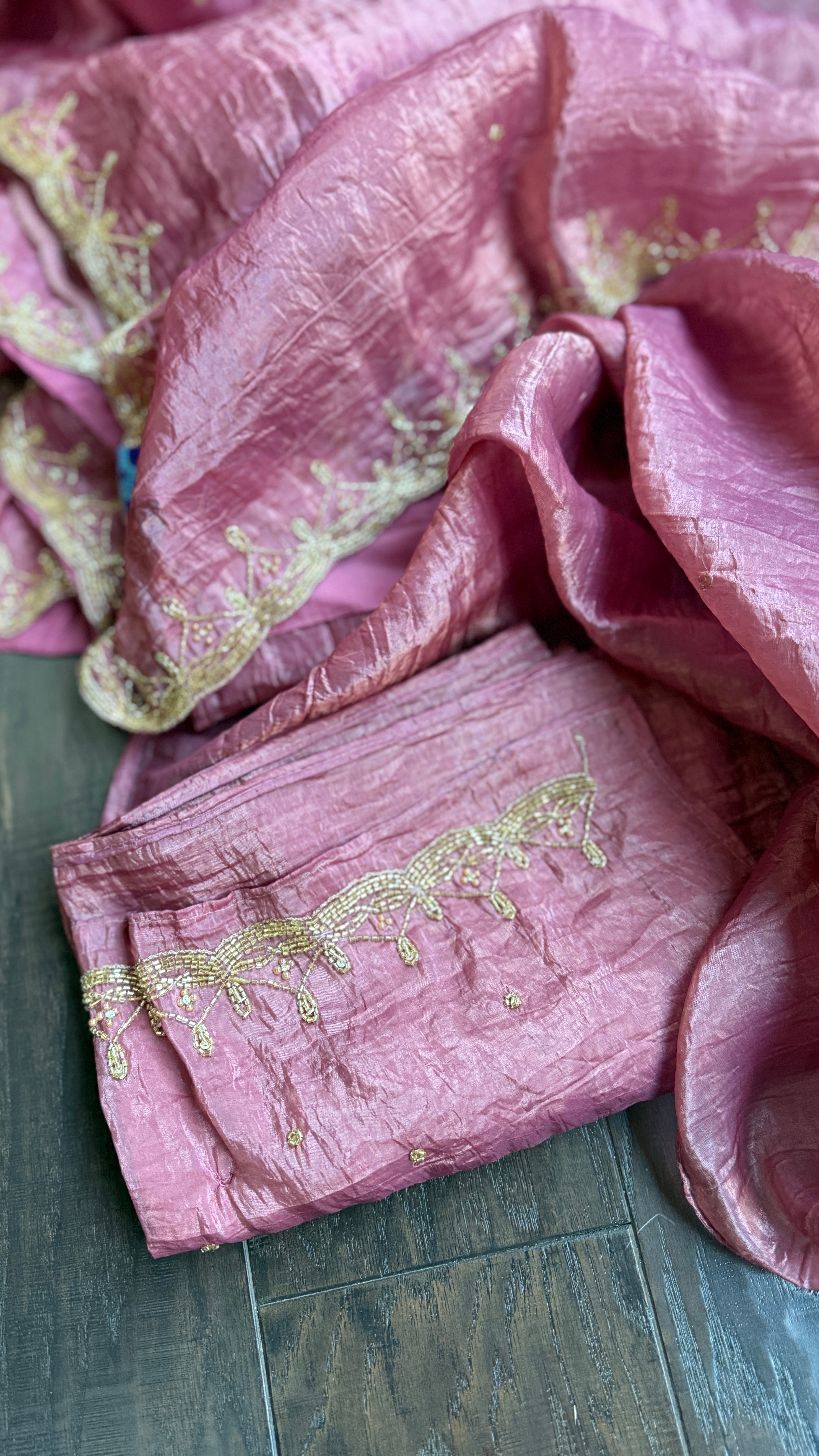 Designer Crushed Tissue Silk - Onion Pink Embroidered