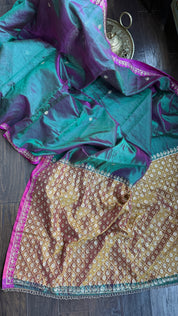 Hand Zardozi Pure Chanderi Pattu Silk - Green Pink Dual Shaded Pink