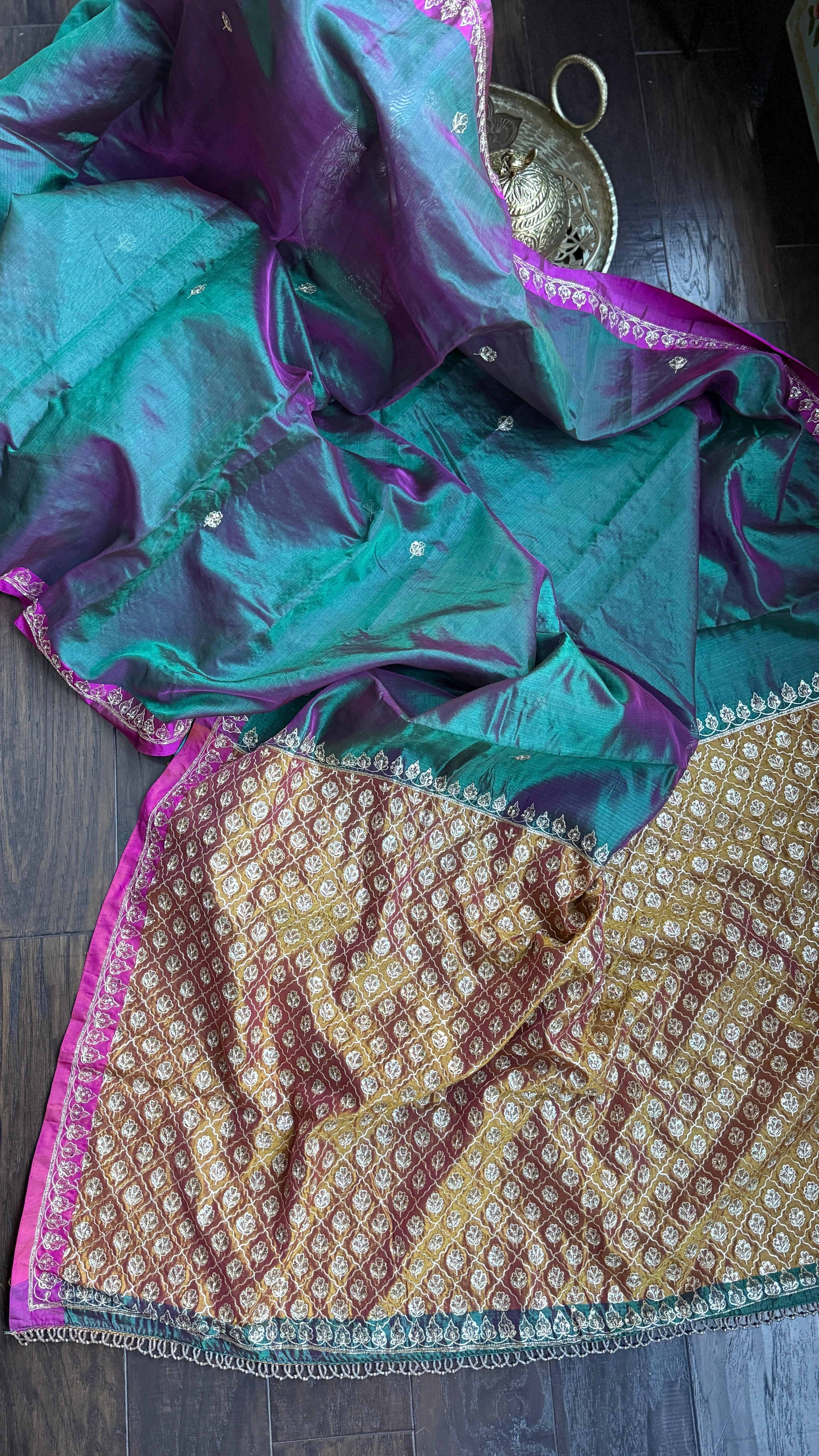 Hand Zardozi Pure Chanderi Pattu Silk - Green Pink Dual Shaded Pink