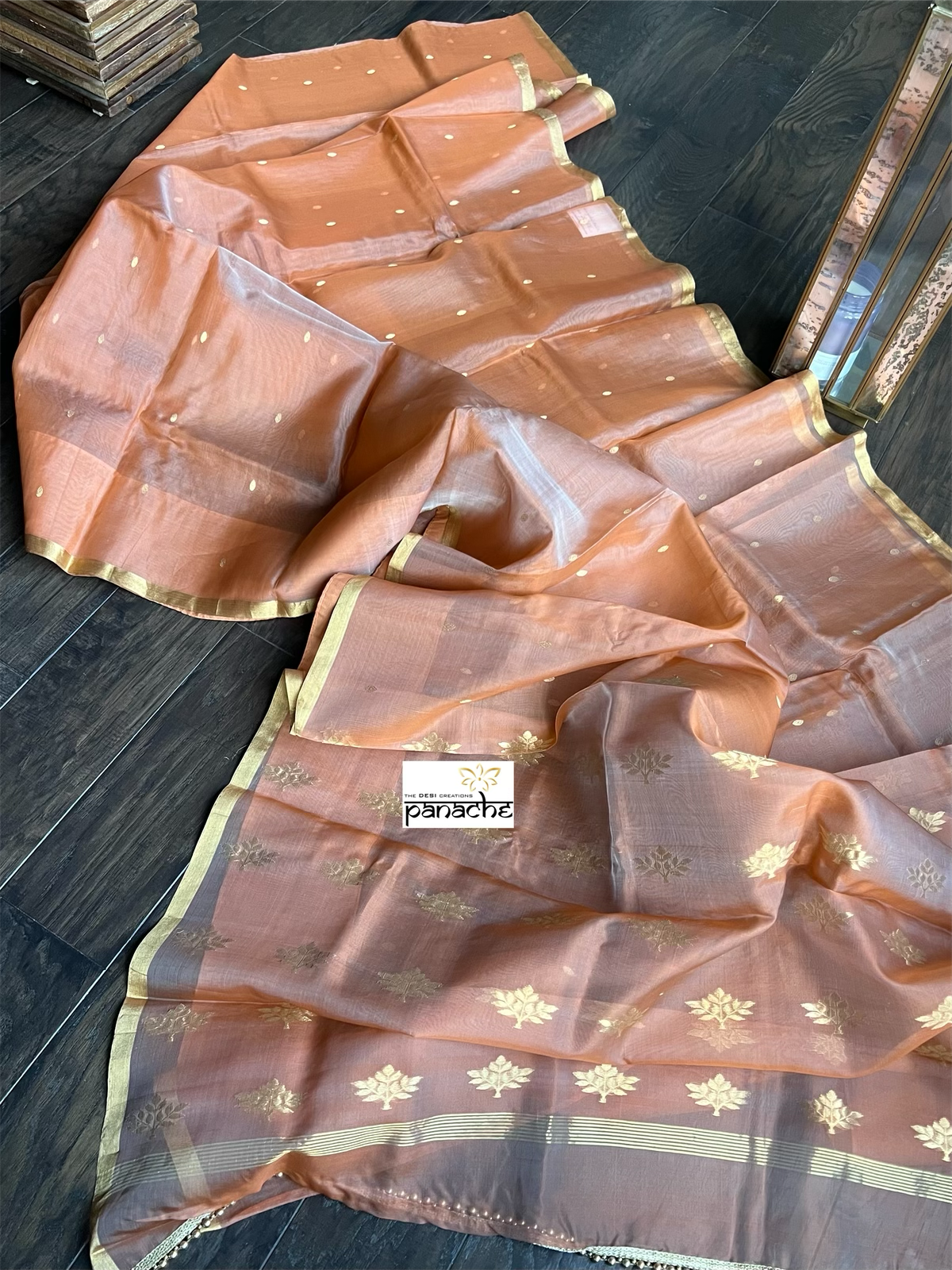 Chanderi Organza Silk - Peach Orangw Zari Woven