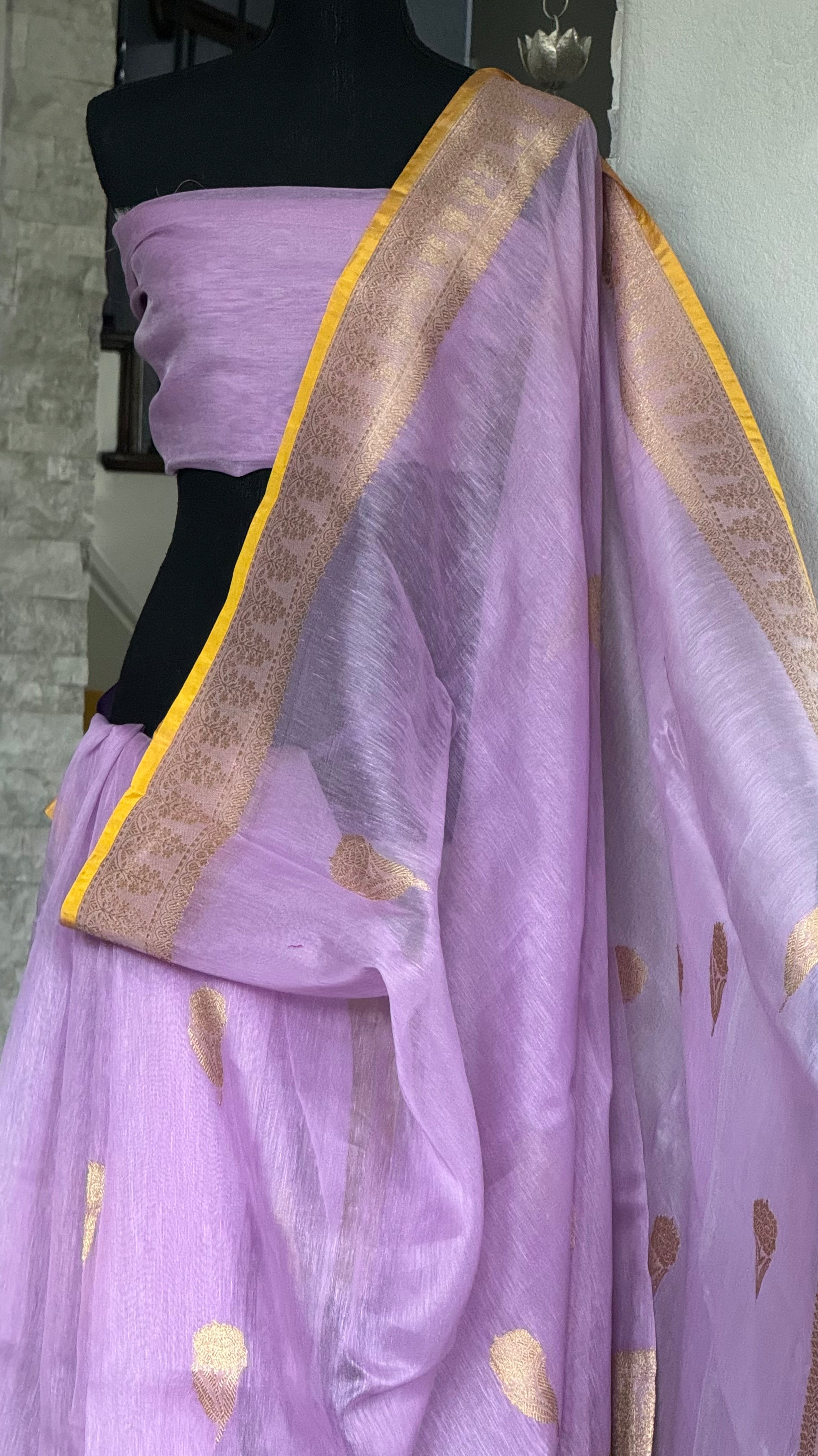 Linen Silk Banarasi - Lavender Yellow