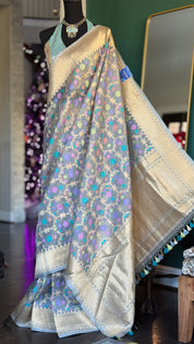 Pure Kora Silk Jamdaani Banarasi - Grey Golden Antique Zari