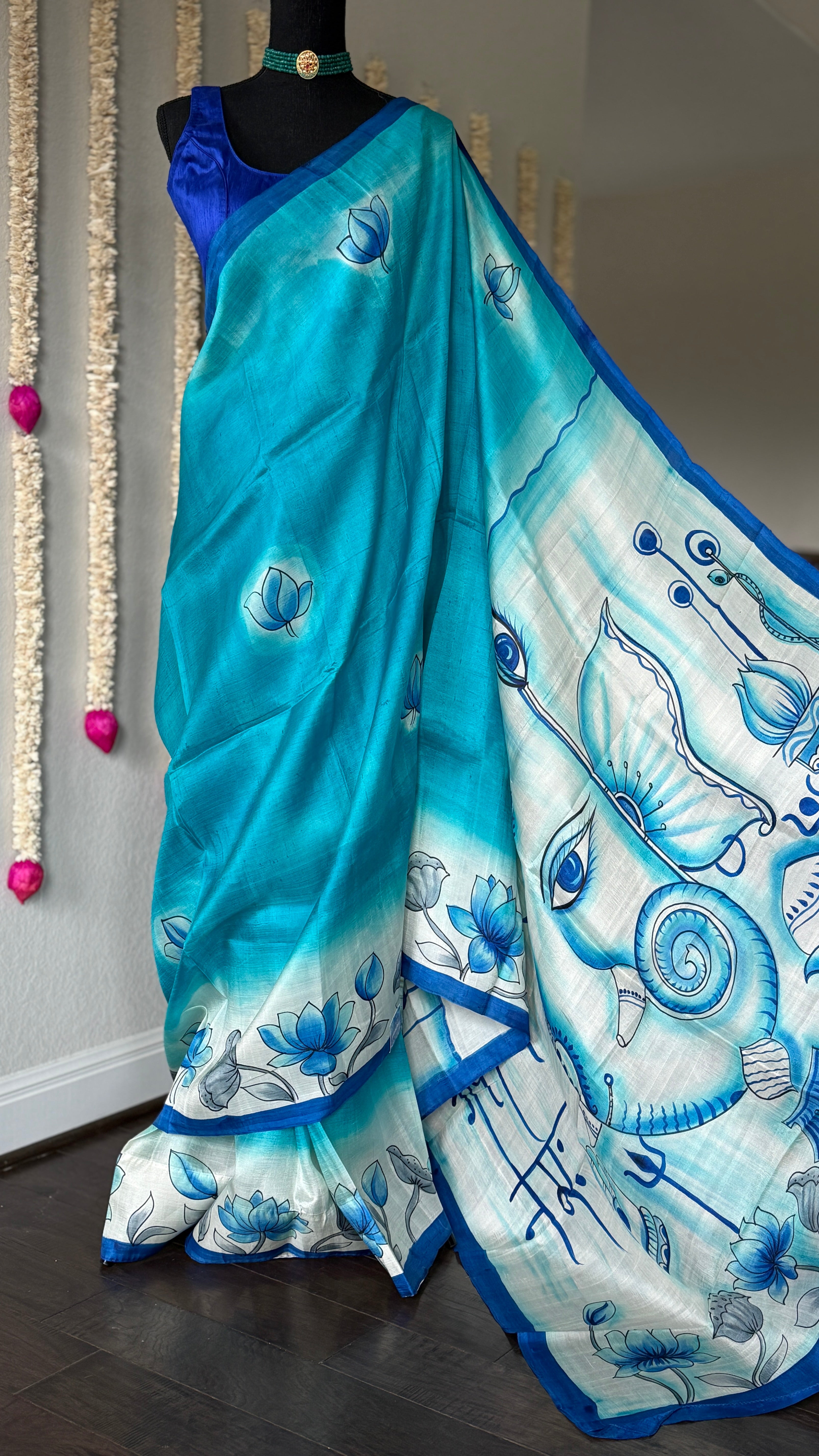 Hand Painted Tussar Silk - Firozi Blue Ganesha