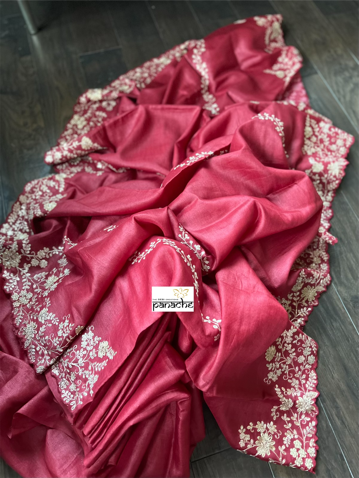 Designer Tussar Silk - Red Black Leheriya Hand Embroidered
