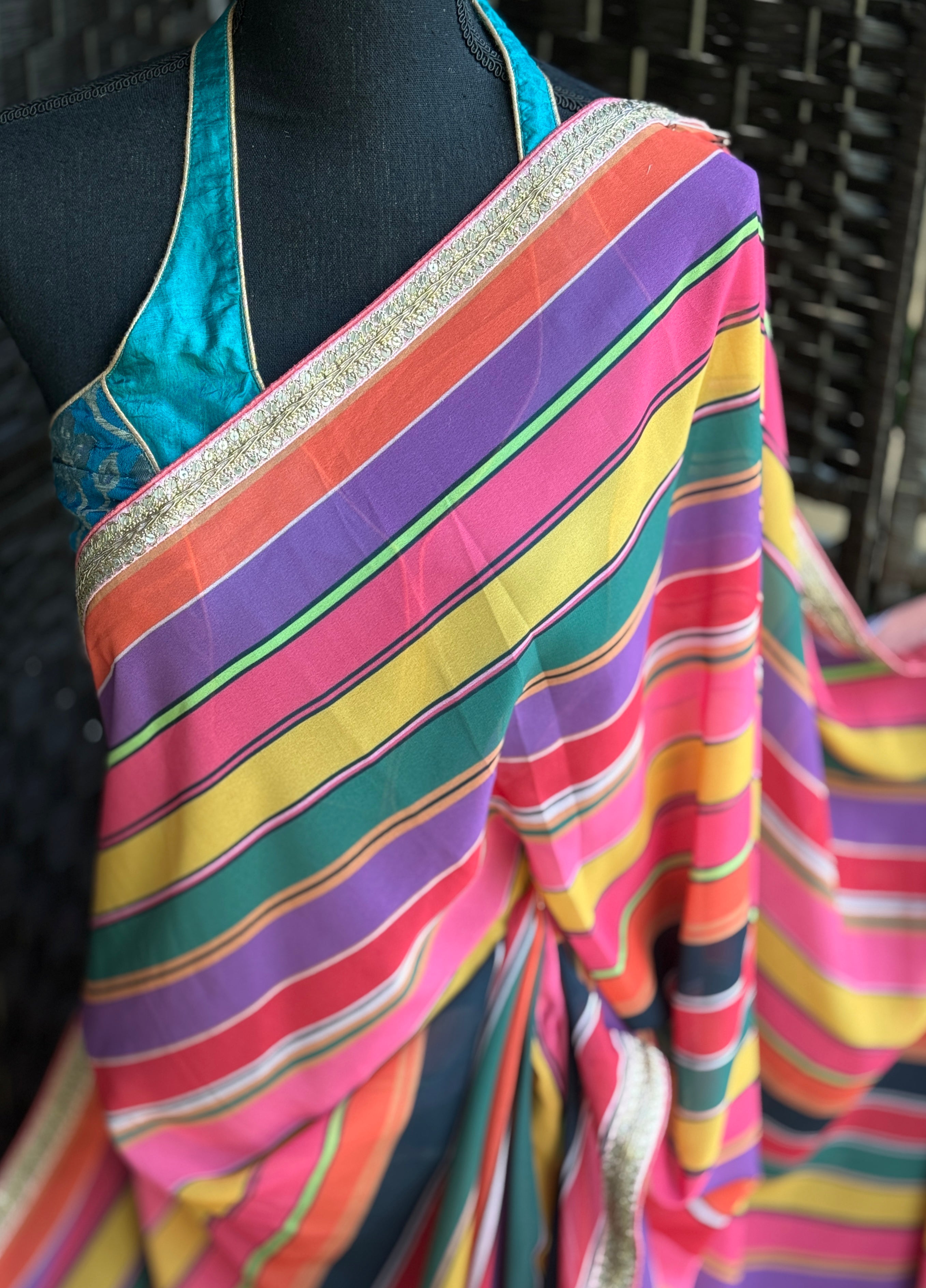 Georgette Designer Inspired Drape - Pink Yellow Purple