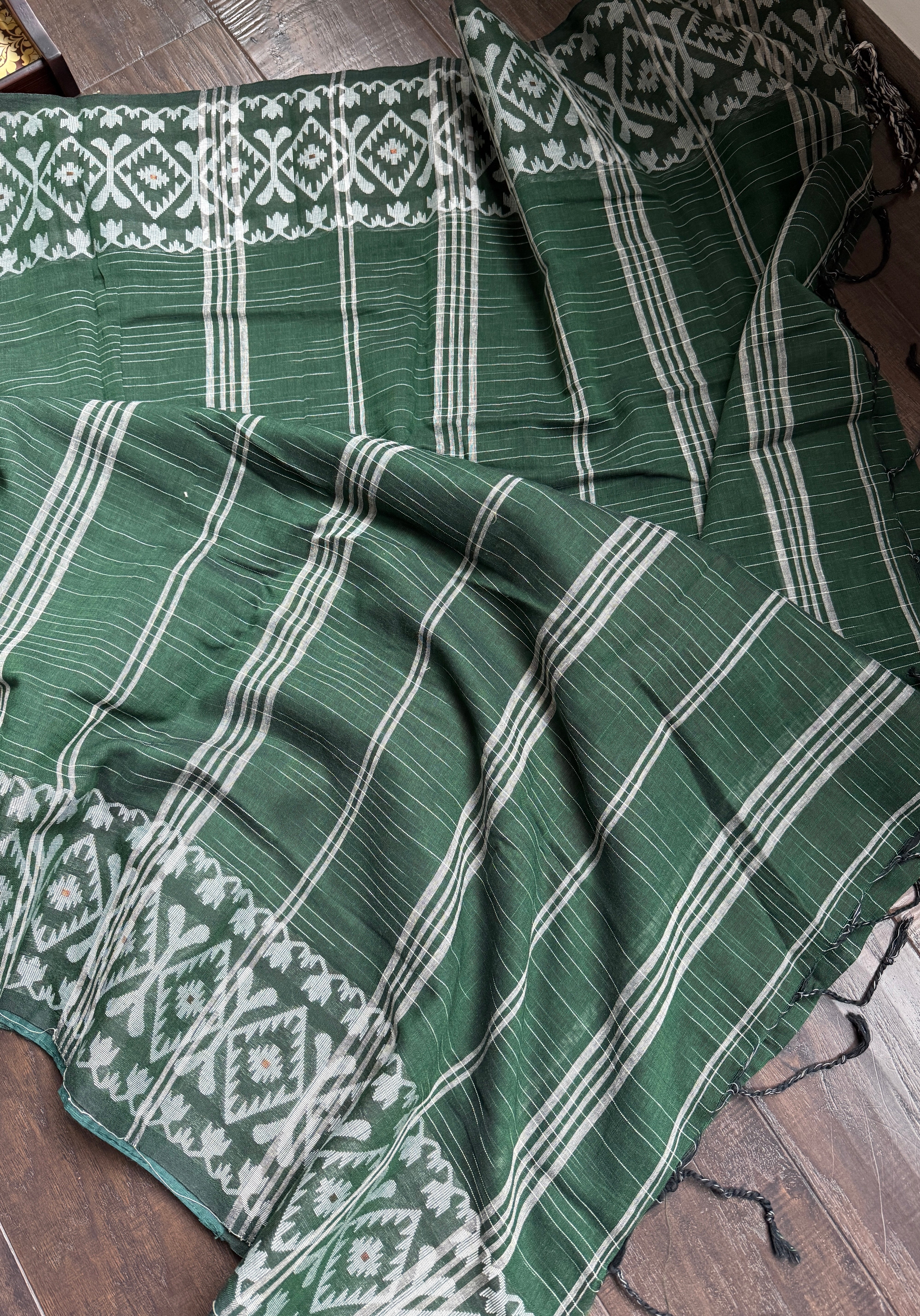 Khadi Cotton Jamdaani Soft - Green White Textured Woven