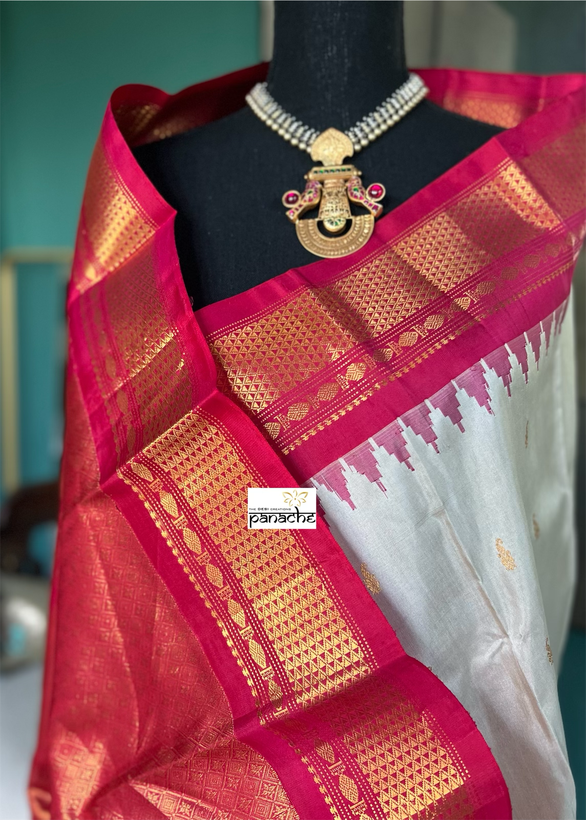 Pure Silk Gadwal - Grey Beige Raspberry Pink