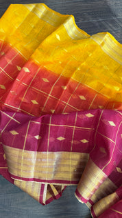Soft Dupion Cotton Saree - Rust Yellow Maroon