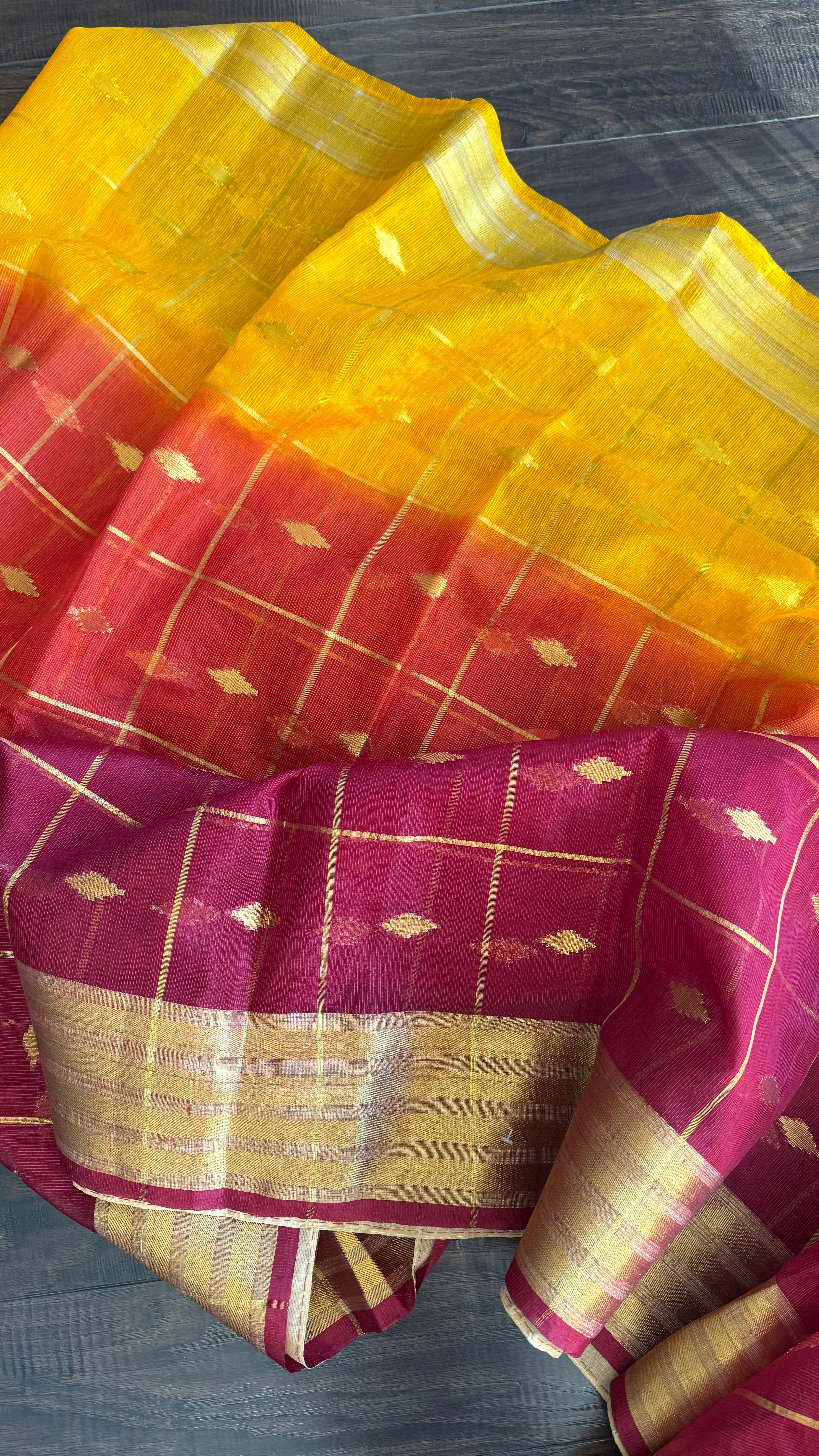Soft Dupion Cotton Saree - Rust Yellow Maroon
