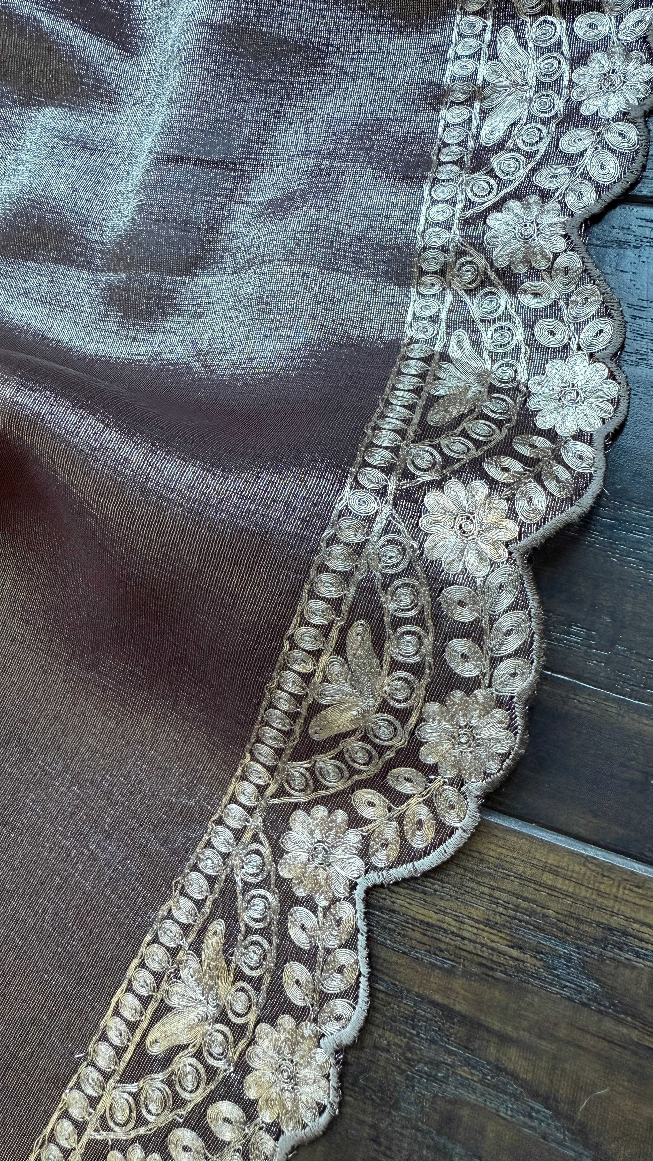 Designer Crushed Tissue Georgette - Brown Hand Pitta Work