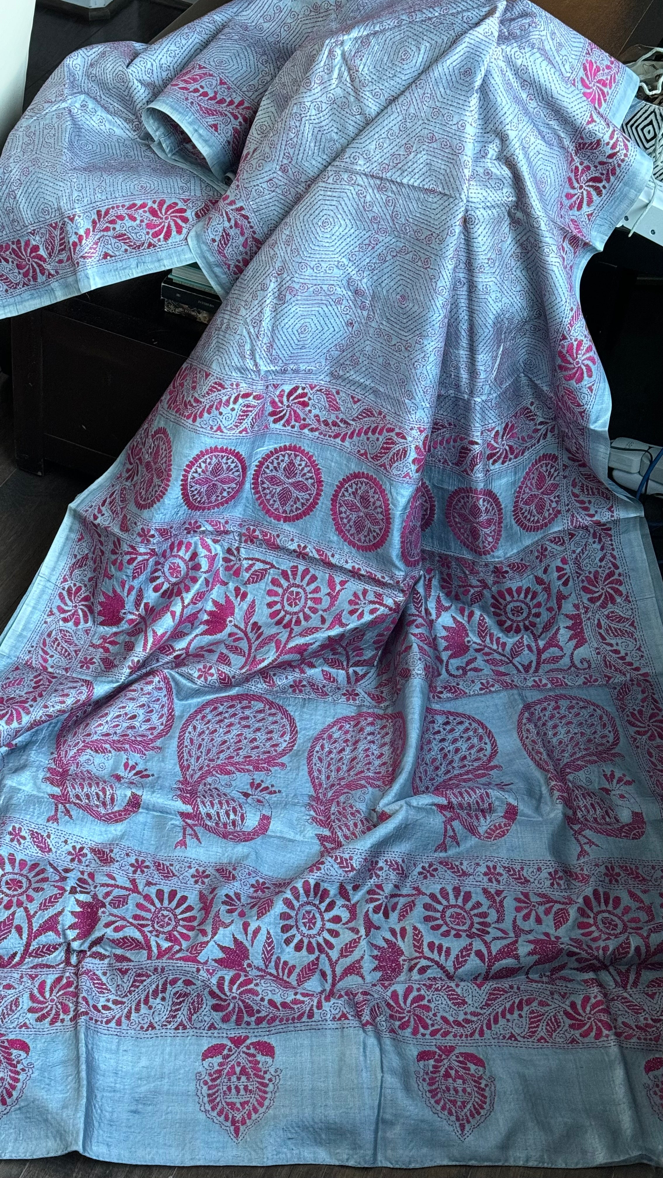 Pure Tussar Silk Kantha Stitch - Grey