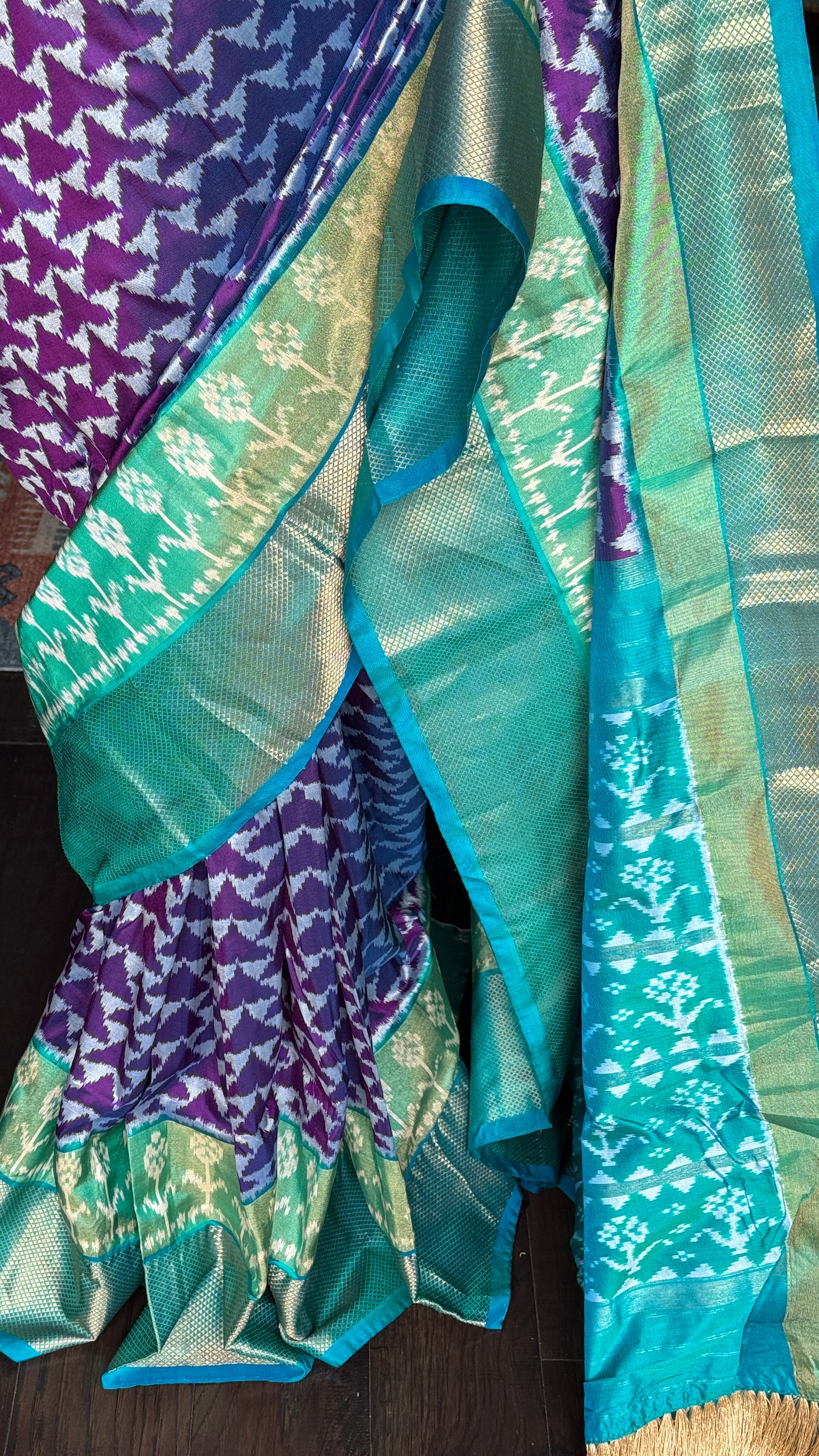 Pure Silk Ikat - Purple Sea Green Pochampally