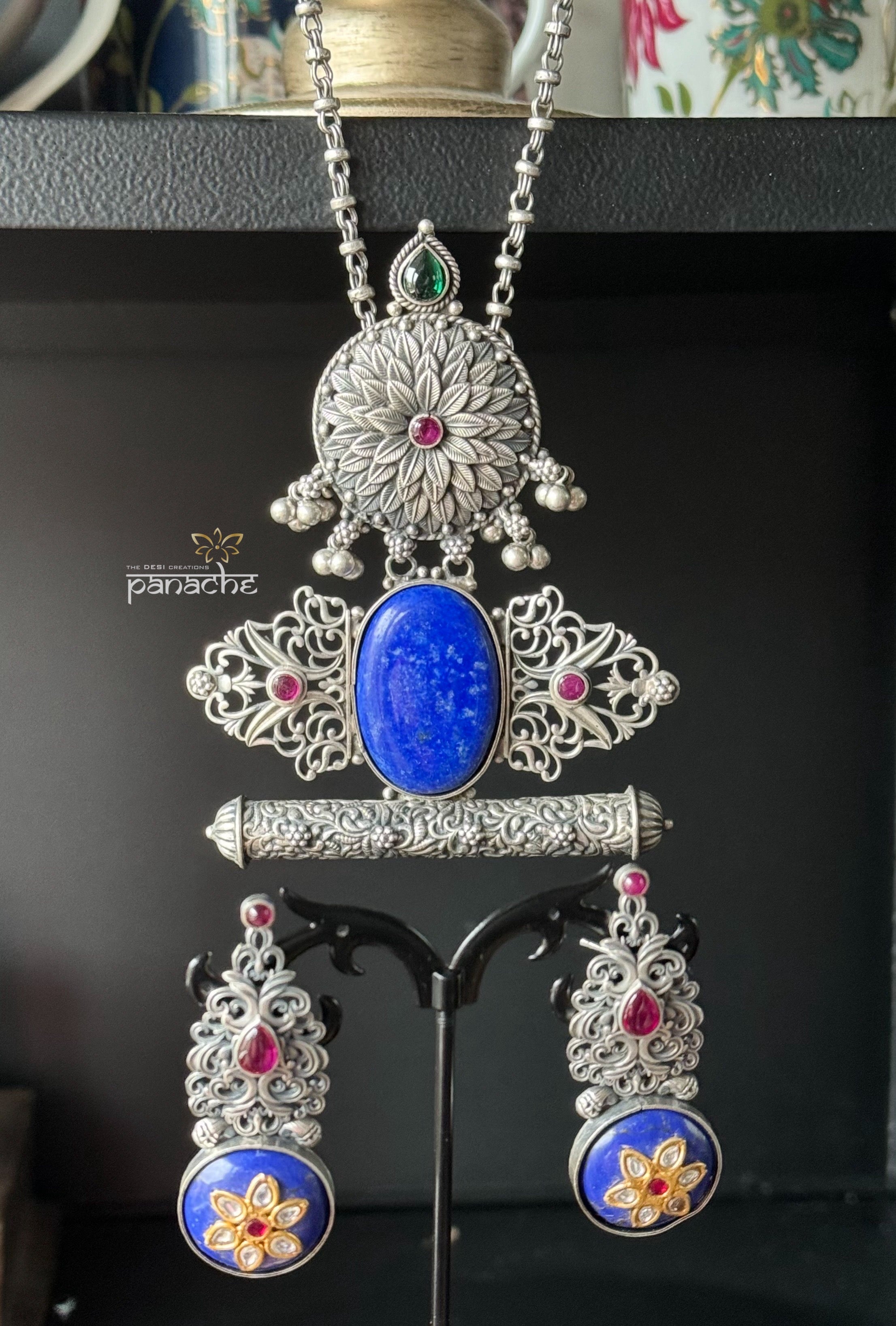 Silver Long Necklace - Lapis