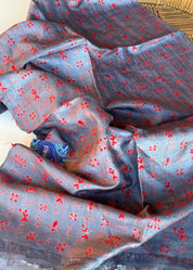 Pure Tussar Silk Stole - Grey Red Kantha Stitch