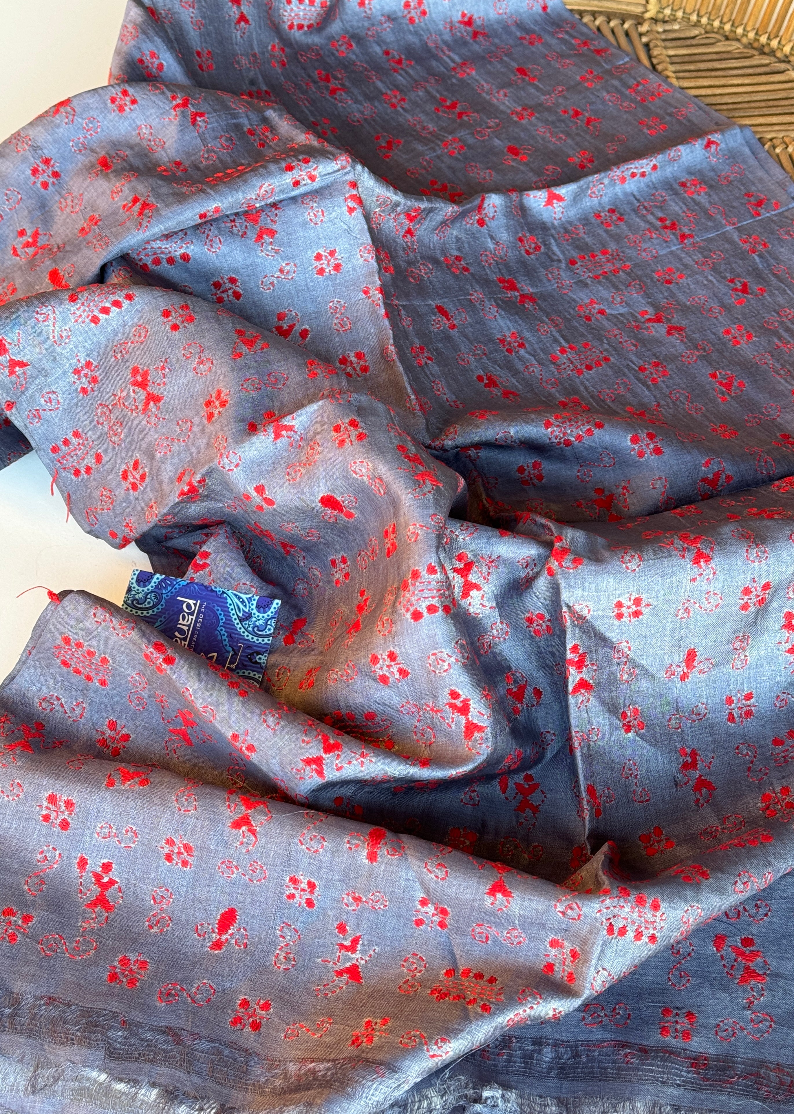 Pure Tussar Silk Stole - Grey Red Kantha Stitch